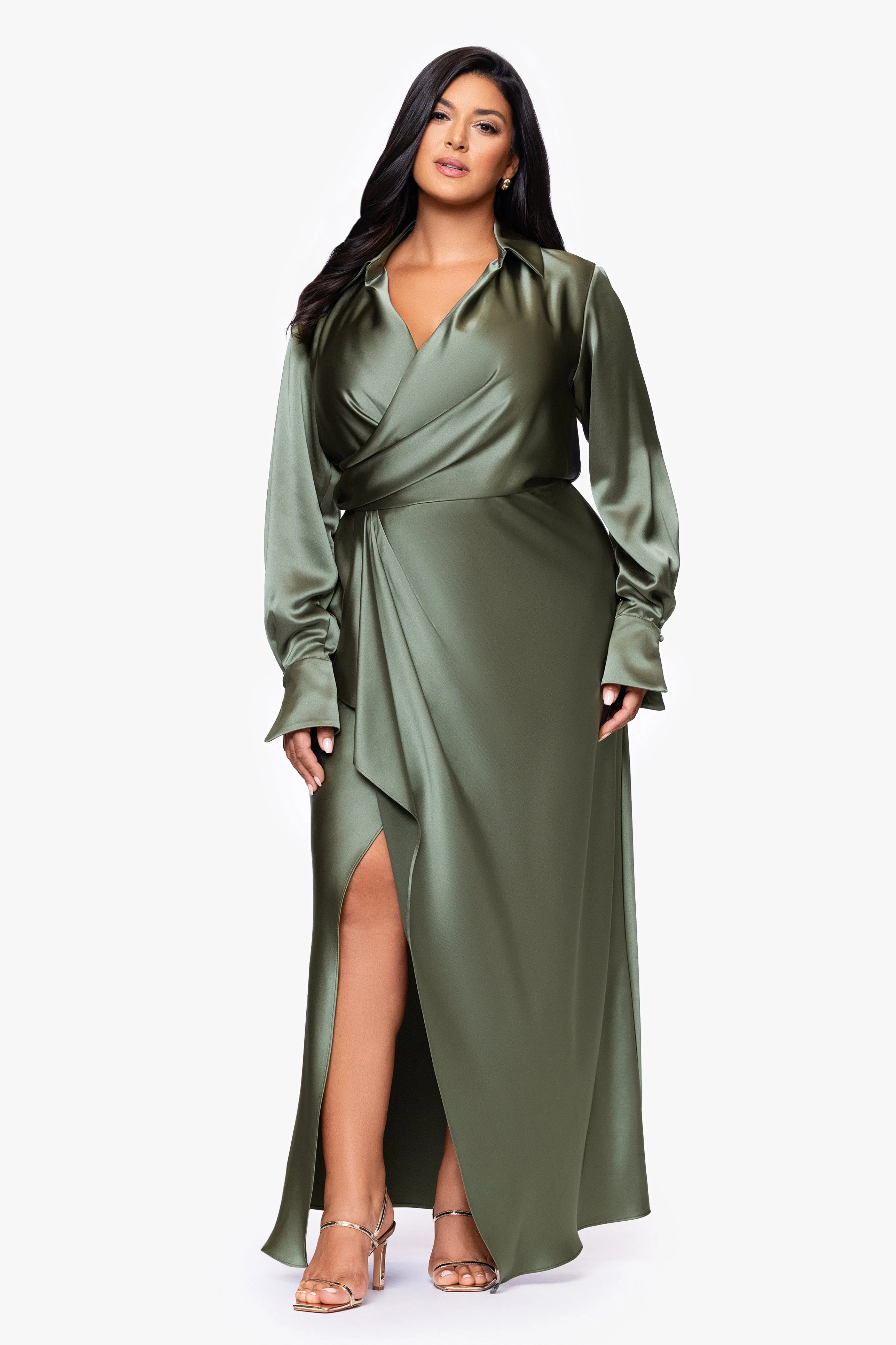 Plus "Emery" Long Satin Long Sleeve Collared Dress sold by Xscape product image thumbnail 5