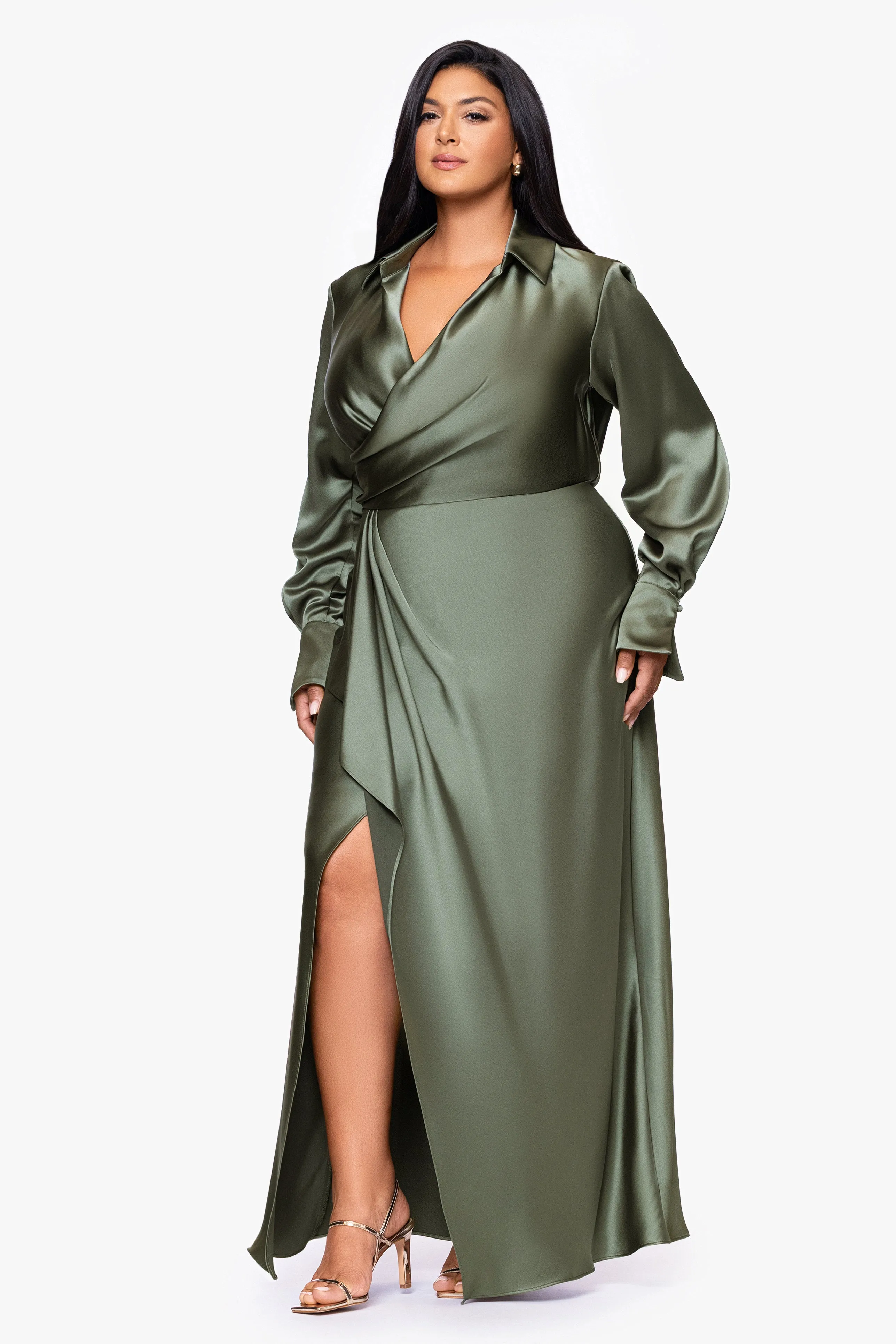 Plus "Emery" Long Satin Long Sleeve Collared Dress sold by Xscape product image thumbnail 4