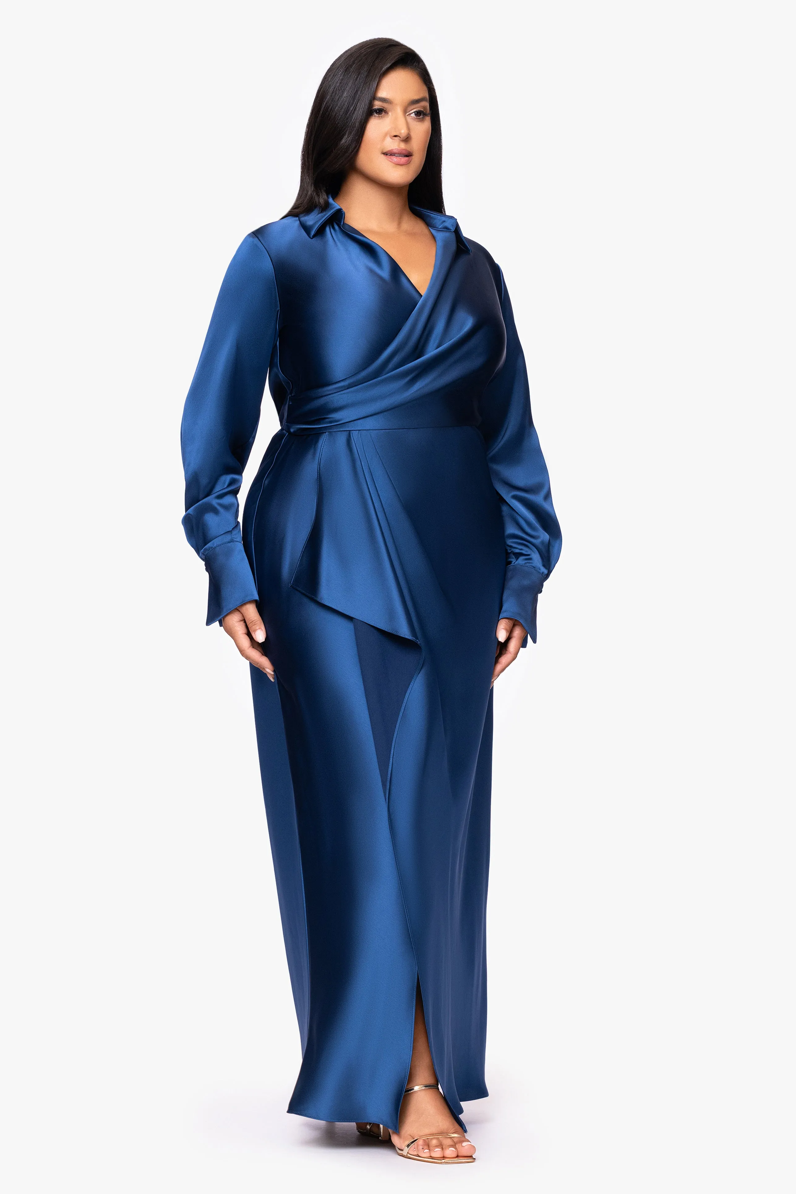 Plus "Emery" Long Satin Long Sleeve Collared Dress sold by Xscape product image thumbnail 4