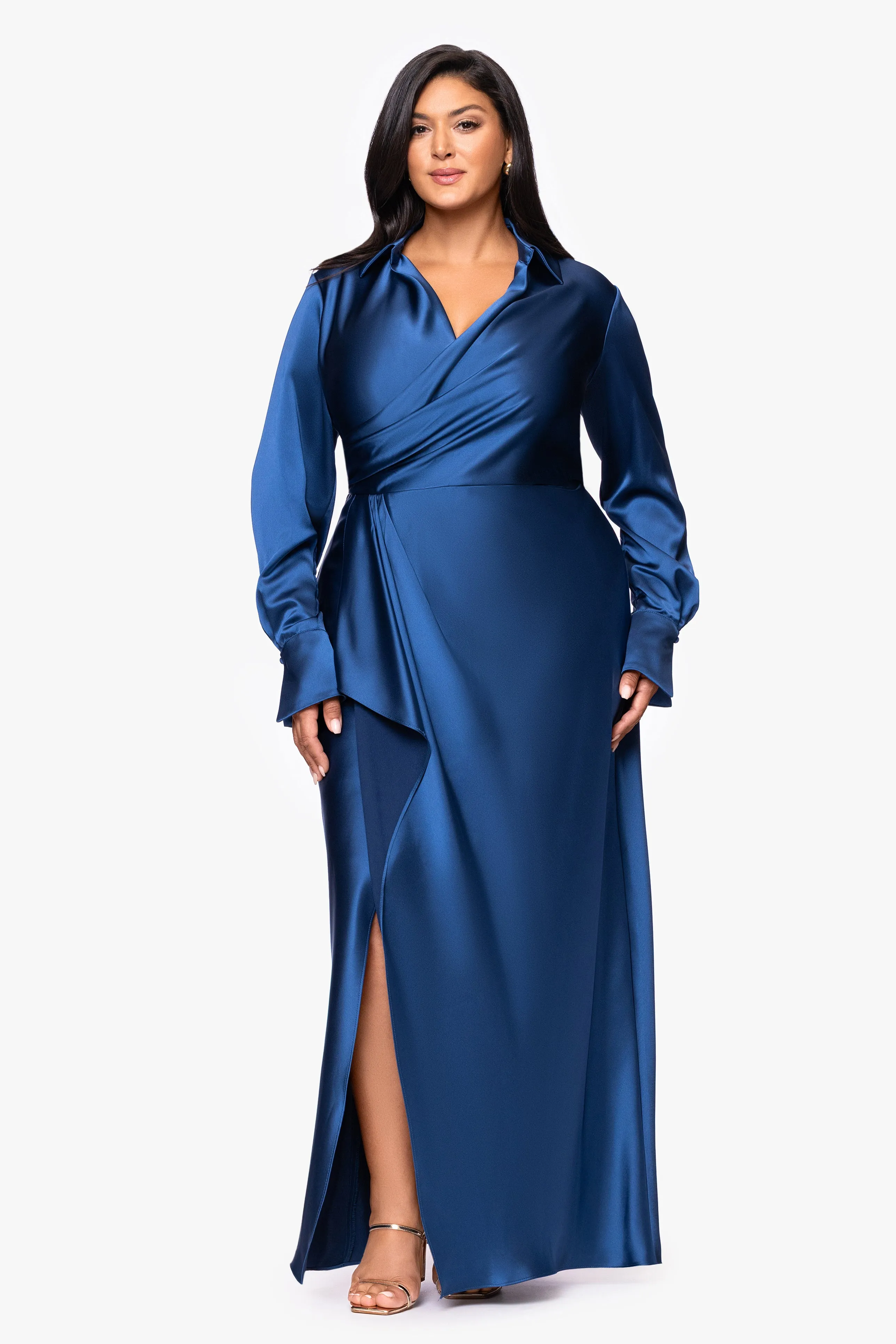 Plus "Emery" Long Satin Long Sleeve Collared Dress sold by Xscape