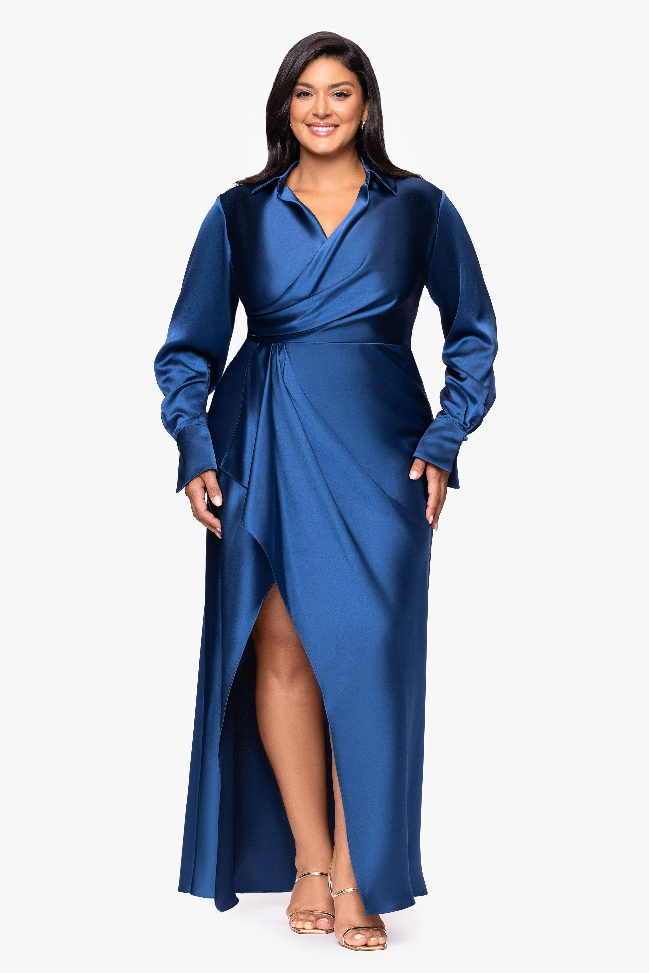 Plus "Emery" Long Satin Long Sleeve Collared Dress sold by Xscape product image thumbnail 5