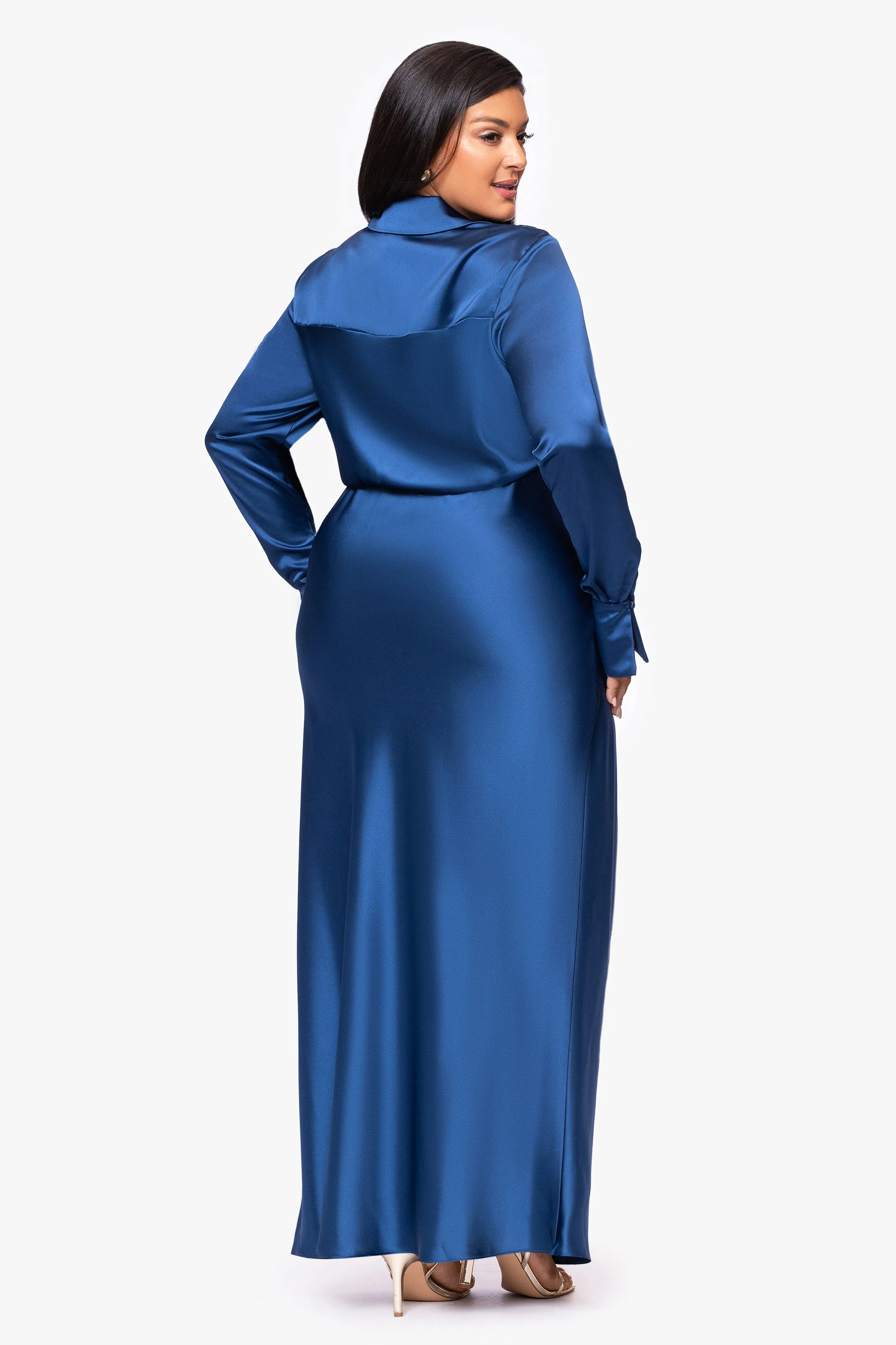 Plus "Emery" Long Satin Long Sleeve Collared Dress sold by Xscape product image thumbnail 3