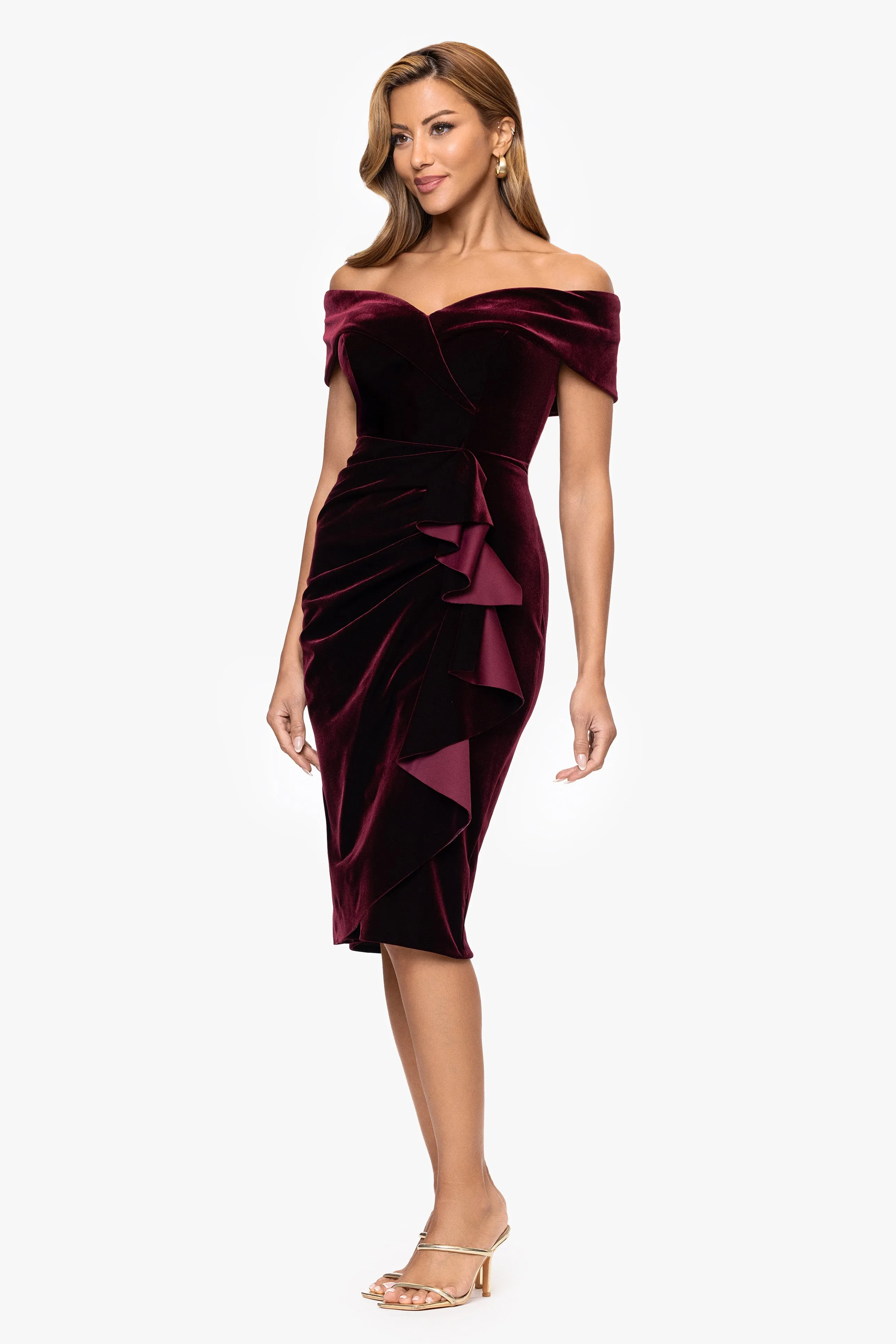 "Jamie" Velvet Off the Shoulder Ruffle Waist Knee Length Dress sold by Xscape product image thumbnail 4