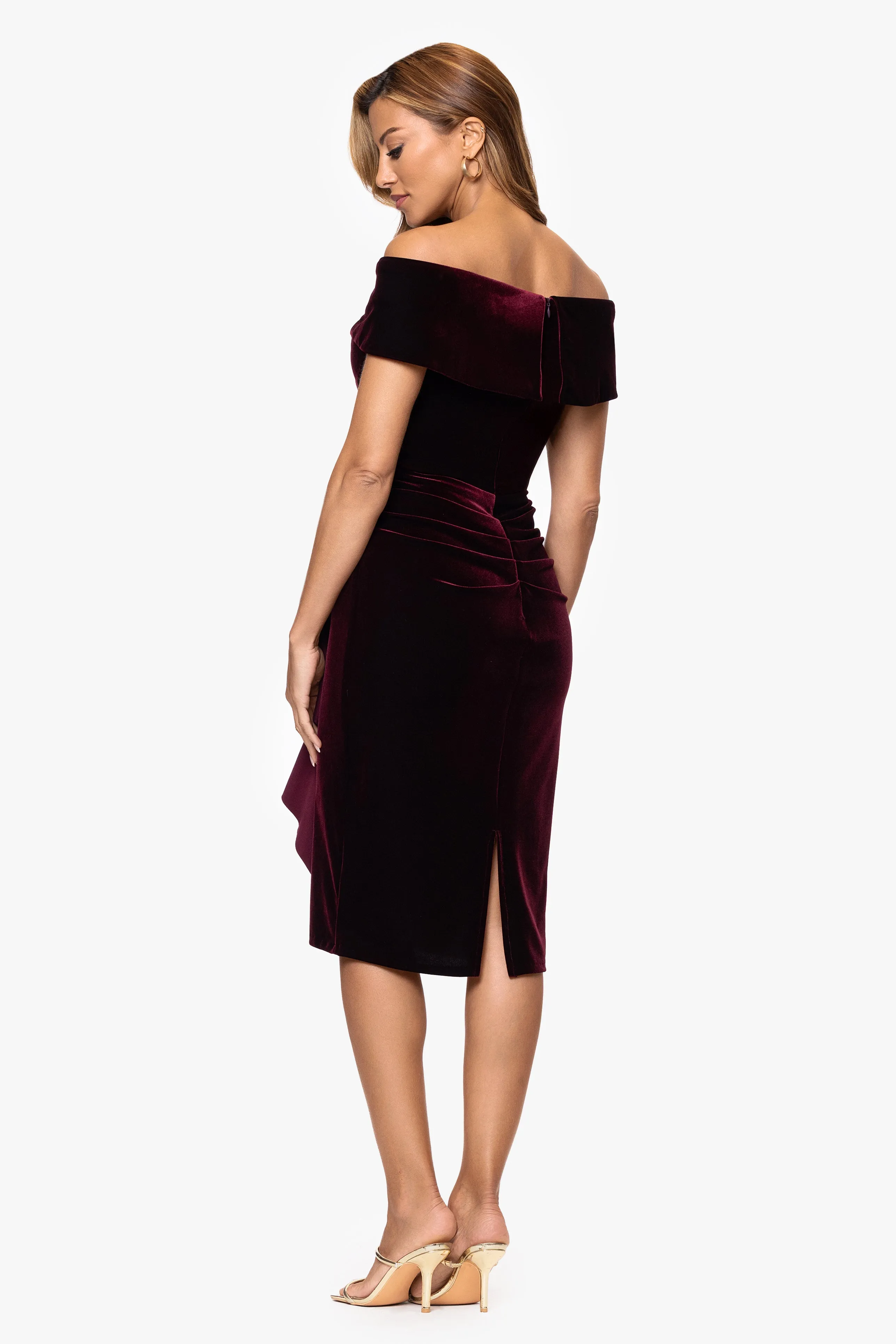 "Jamie" Velvet Off the Shoulder Ruffle Waist Knee Length Dress sold by Xscape product image thumbnail 3