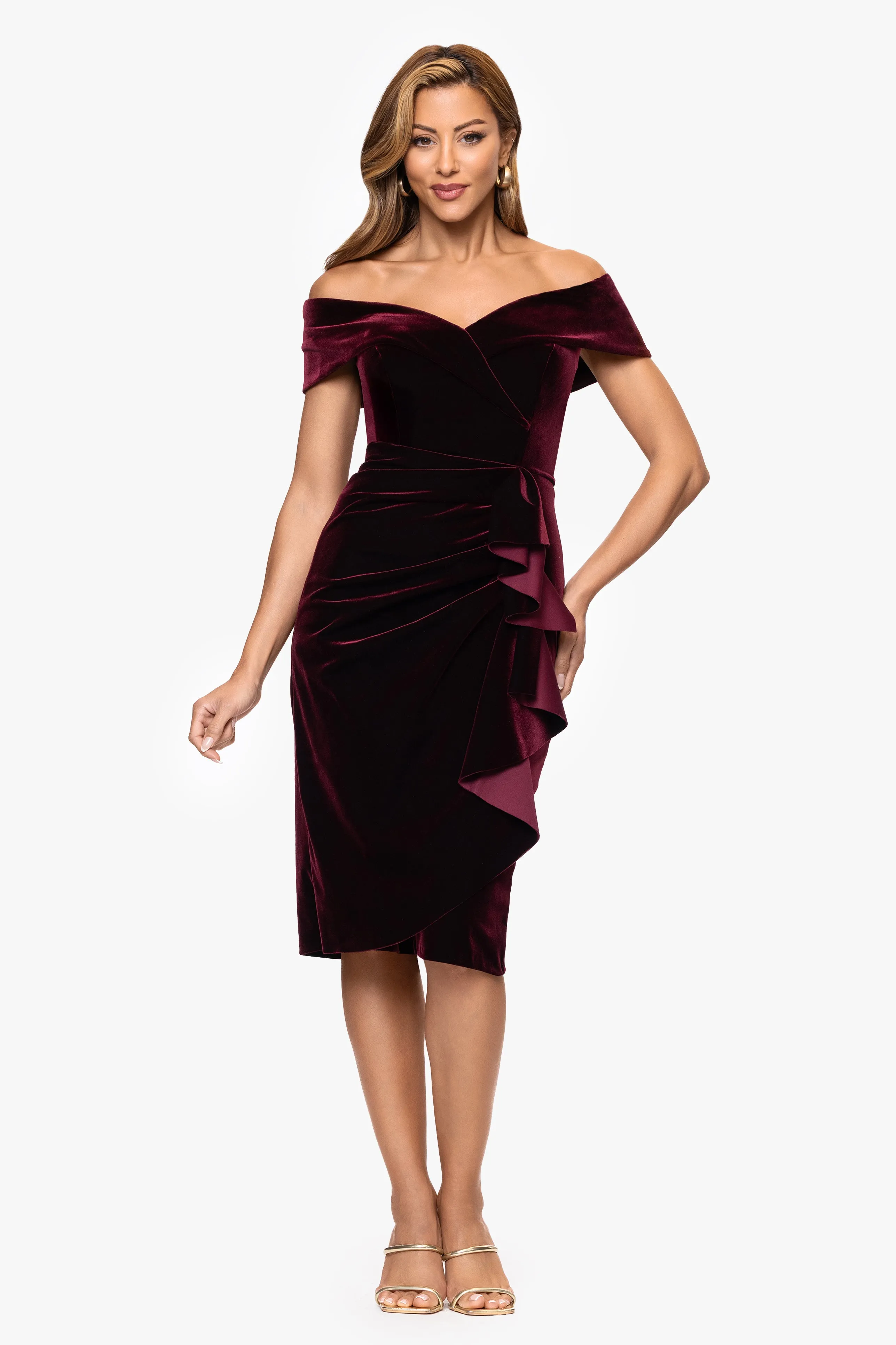 "Jamie" Velvet Off the Shoulder Ruffle Waist Knee Length Dress sold by Xscape