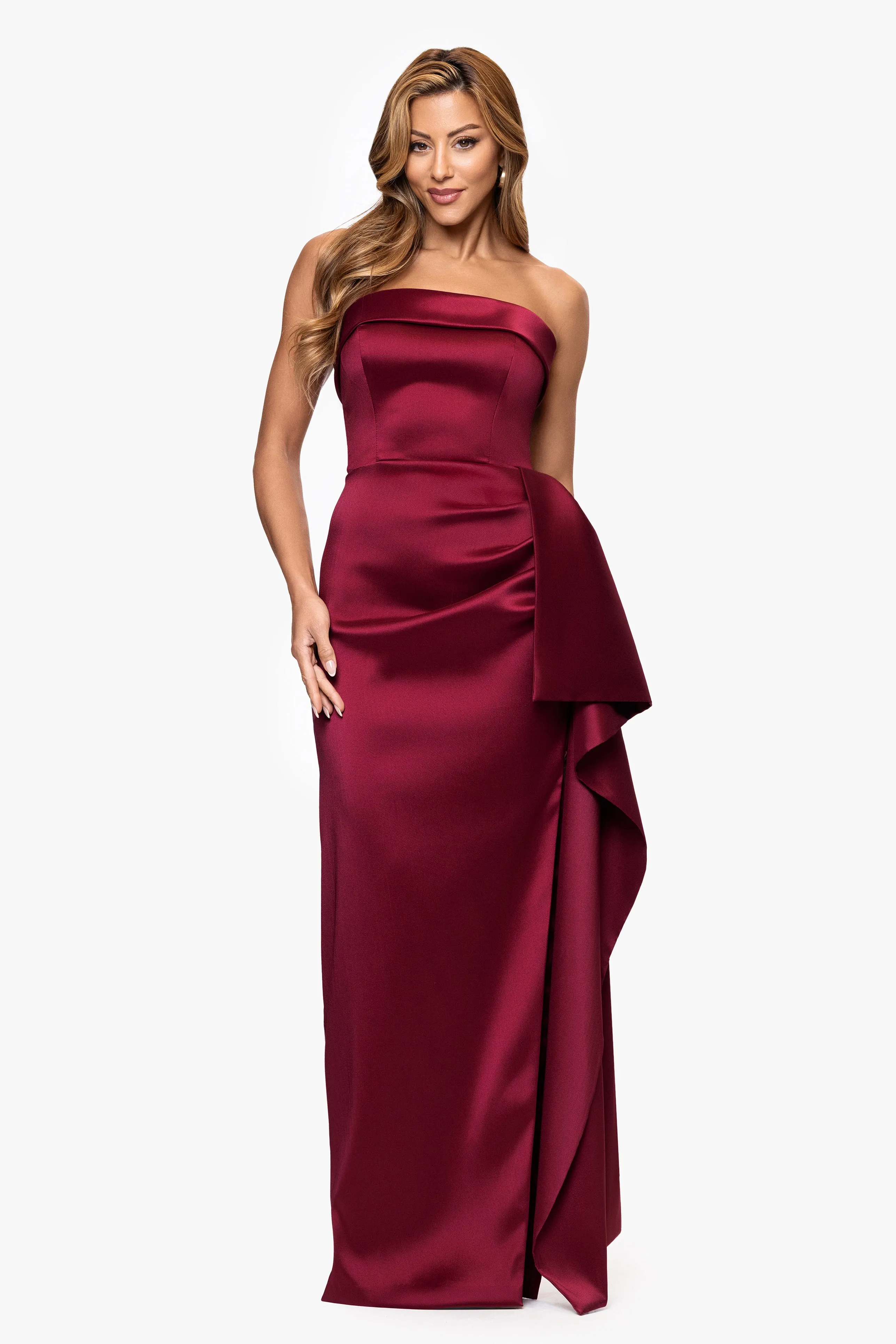 "Remi" Satin Strapless Side Ruffle Floor Length Dress sold by Xscape