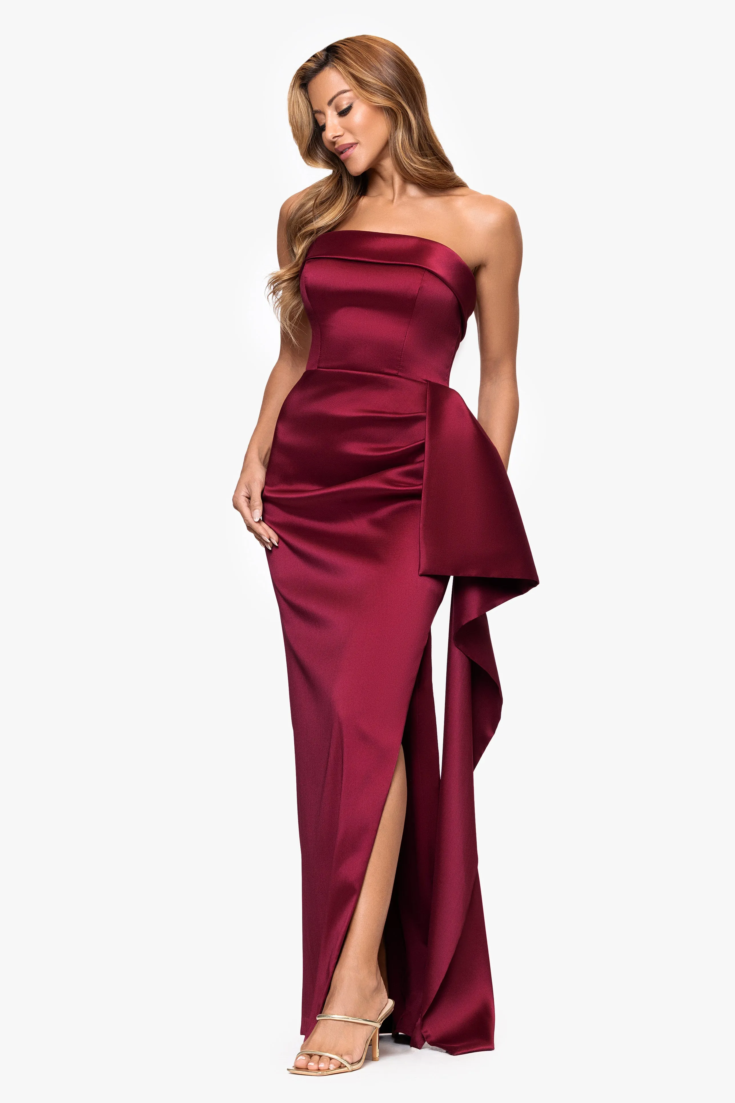 "Remi" Satin Strapless Side Ruffle Floor Length Dress sold by Xscape product image thumbnail 4