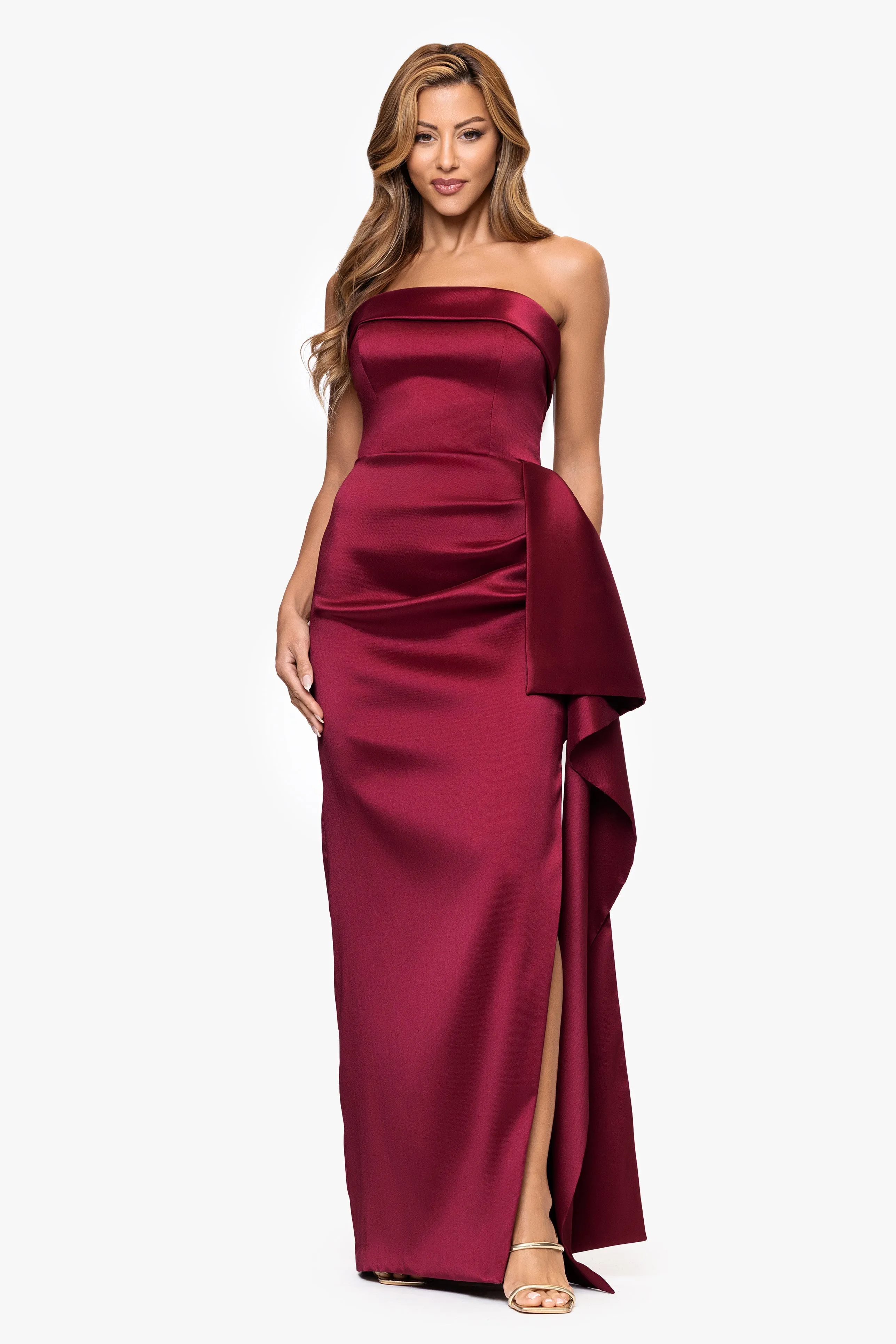 "Remi" Satin Strapless Side Ruffle Floor Length Dress sold by Xscape product image thumbnail 5