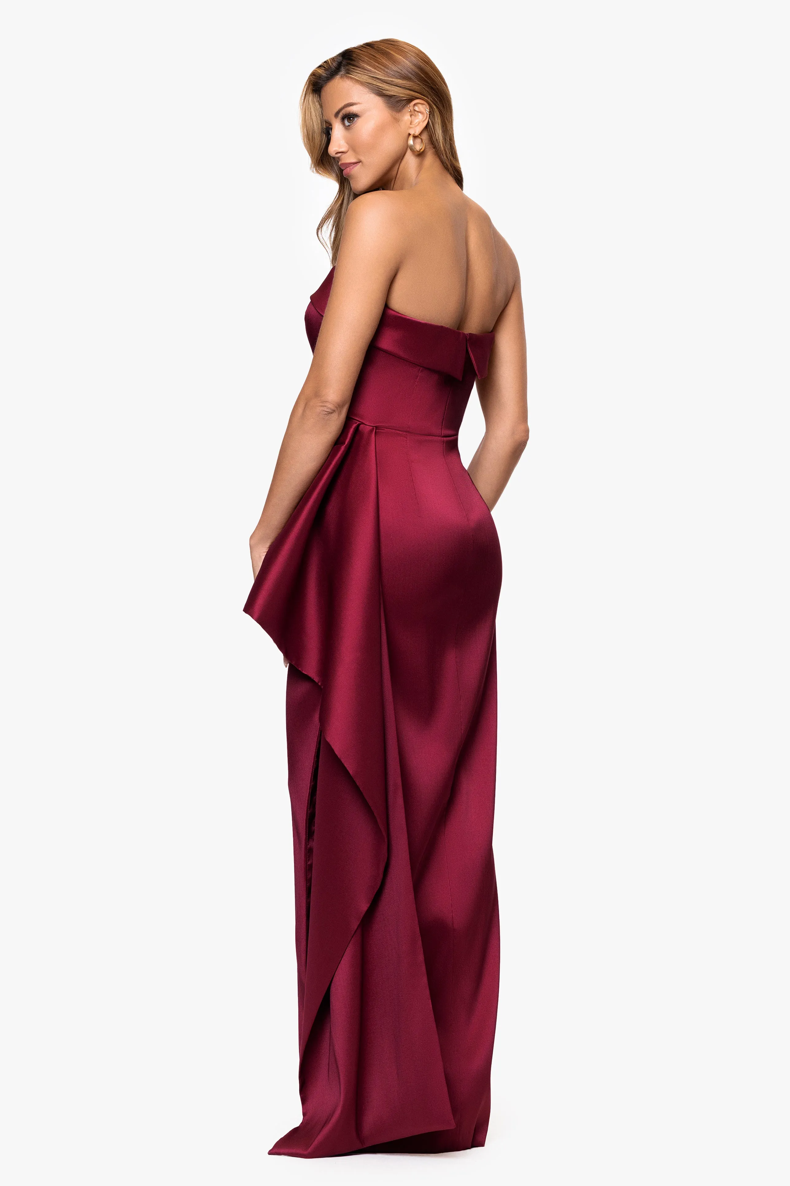 "Remi" Satin Strapless Side Ruffle Floor Length Dress sold by Xscape product image thumbnail 2