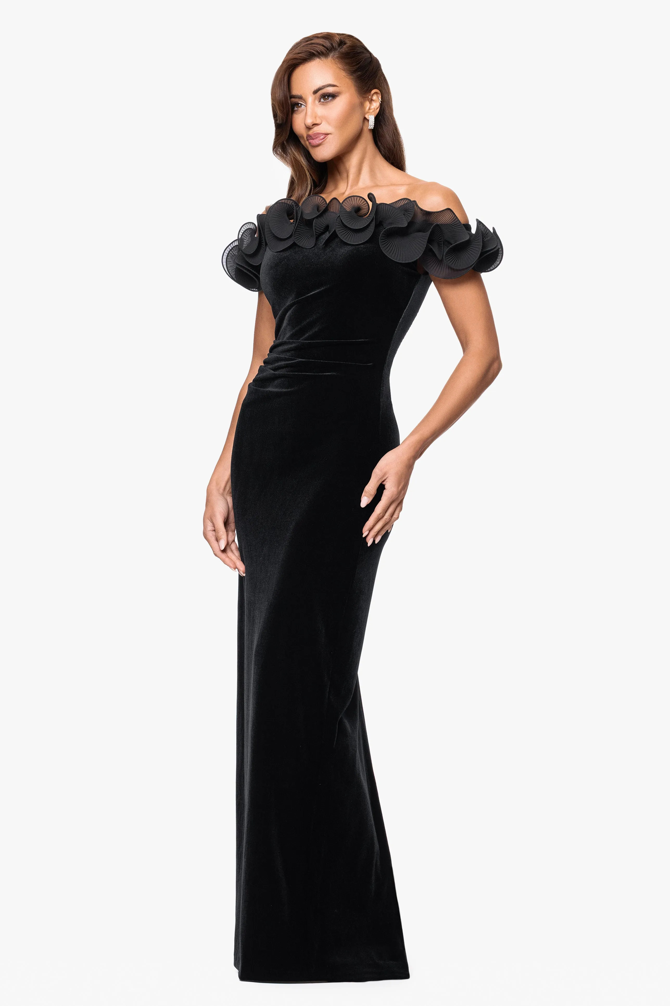 "Tammie" Velvet Off the Shoulder Ruffle Floor Length Dress sold by Xscape product image thumbnail 4