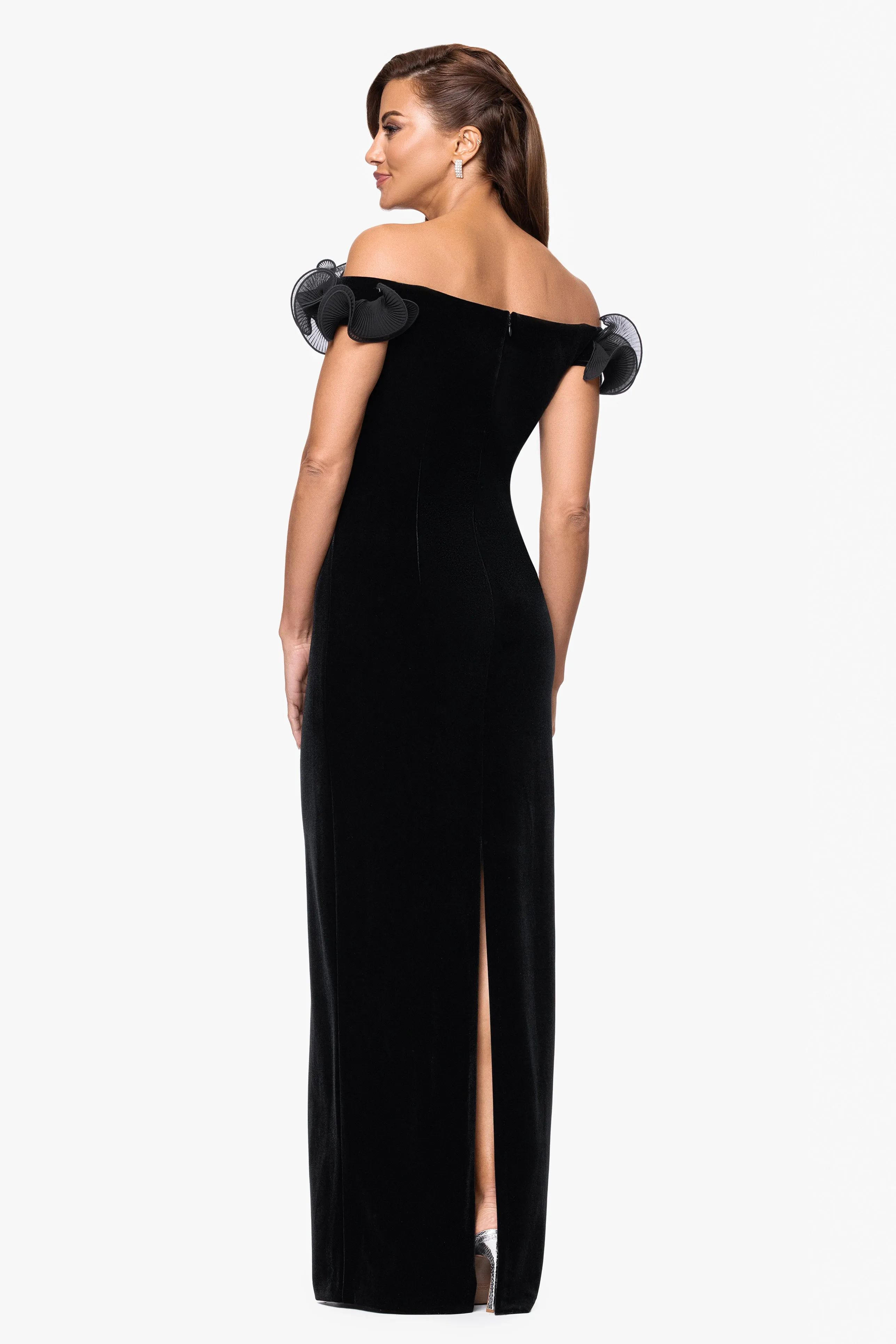 "Tammie" Velvet Off the Shoulder Ruffle Floor Length Dress sold by Xscape product image thumbnail 3