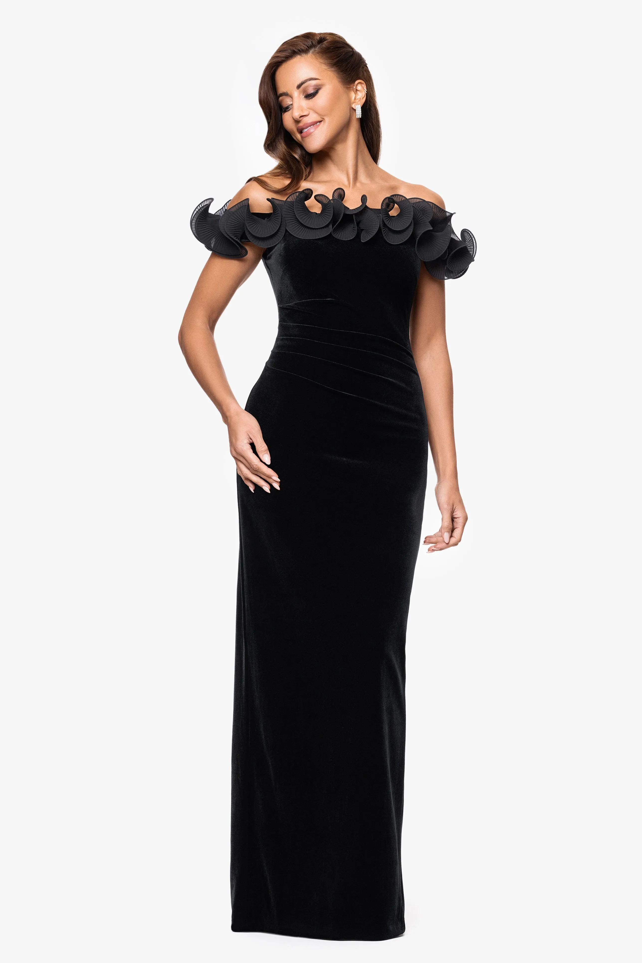 "Tammie" Velvet Off the Shoulder Ruffle Floor Length Dress sold by Xscape