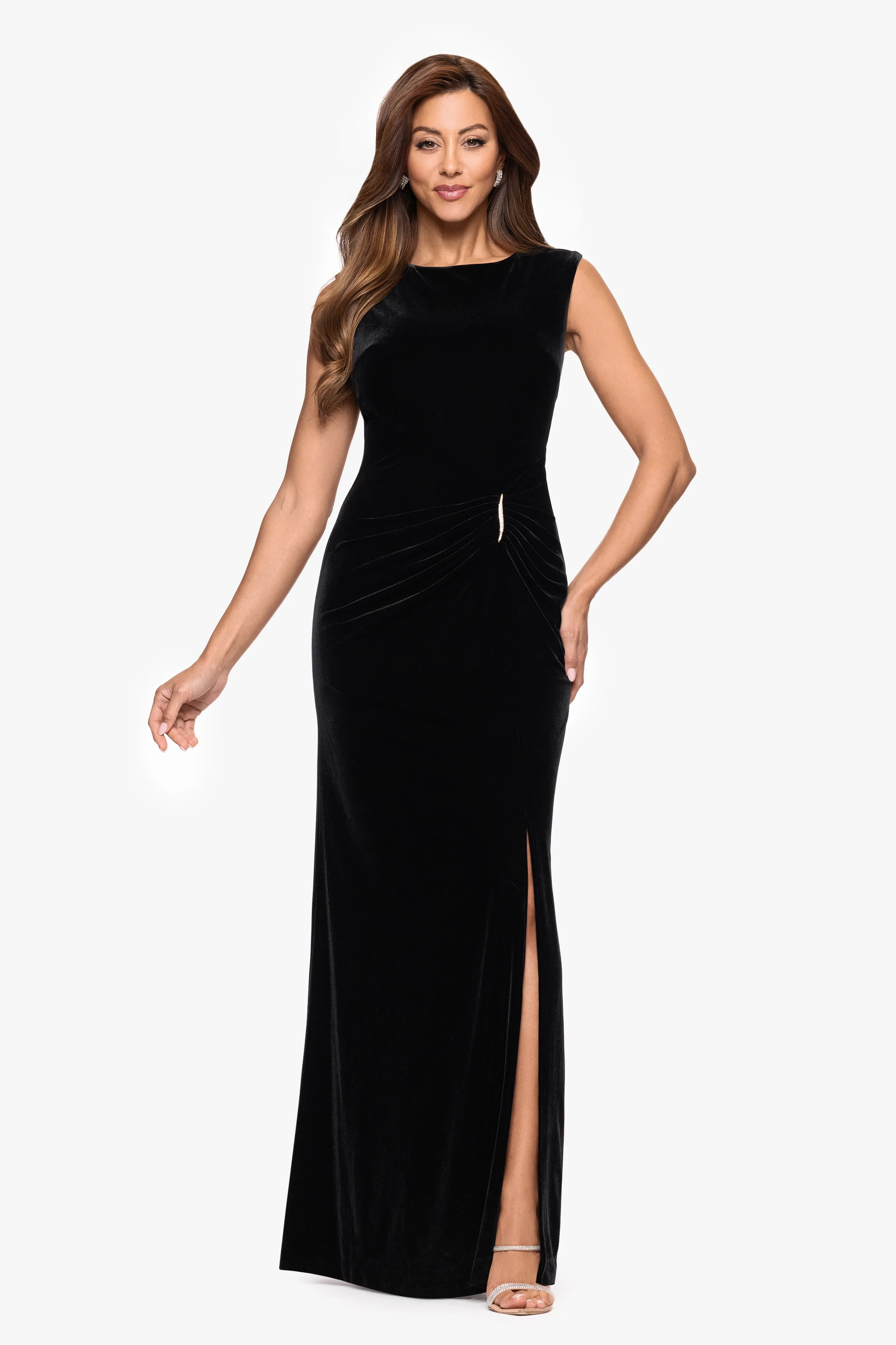 "Michaela" Velvet Embellished Rouched Floor Length Dress sold by Xscape