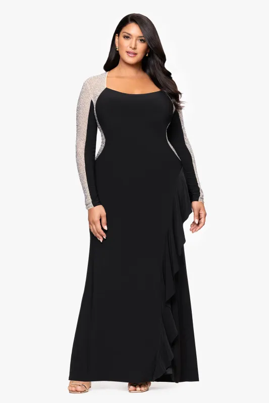 Plus "Alexandria" Jersey Knit Caviar Beaded Square Neck Long Sleeve Ruffle Floor Length Dress sold by Xscape