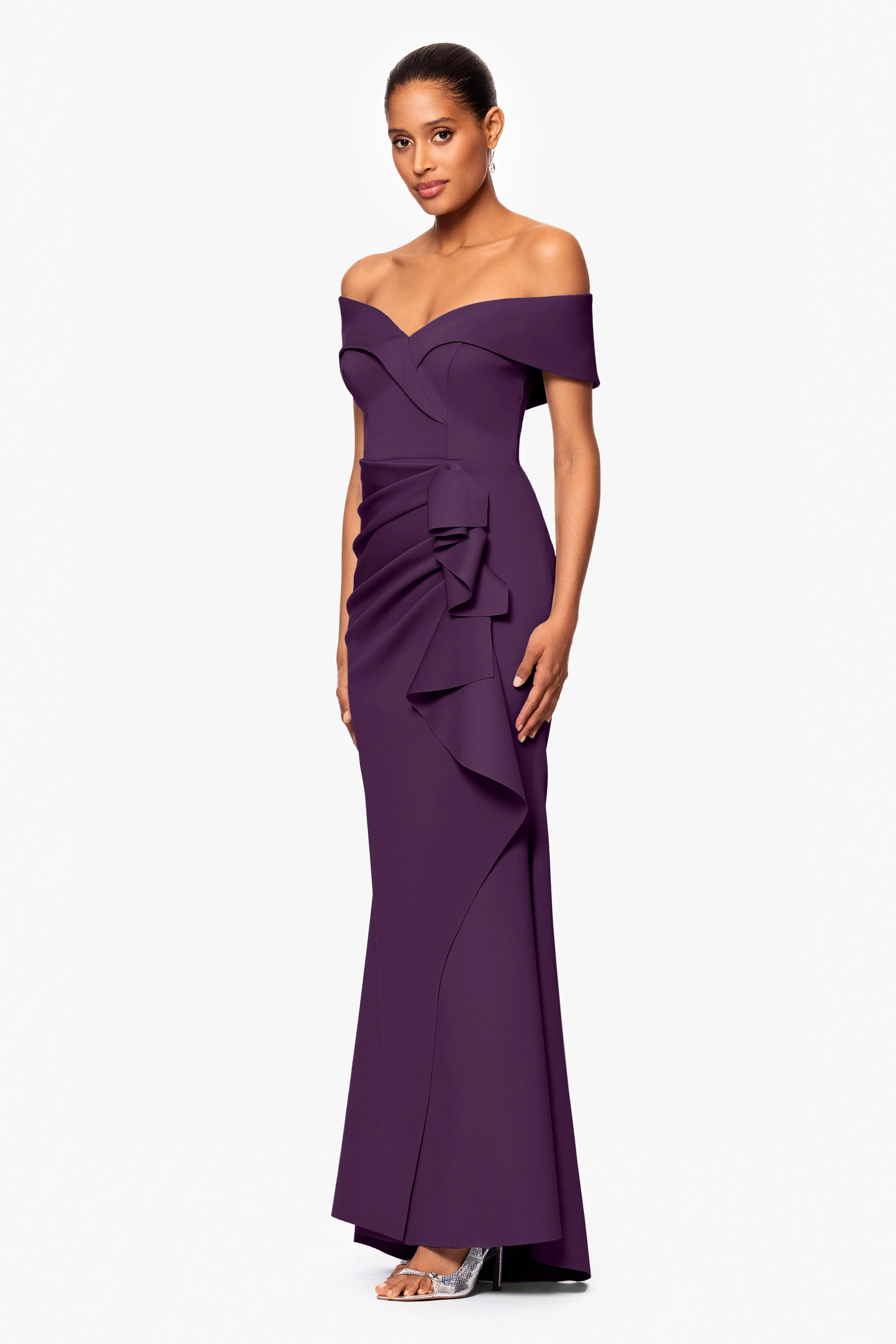 "Patti" Long Off the Shoulder Techno Scuba Dress sold by Xscape product image thumbnail 4