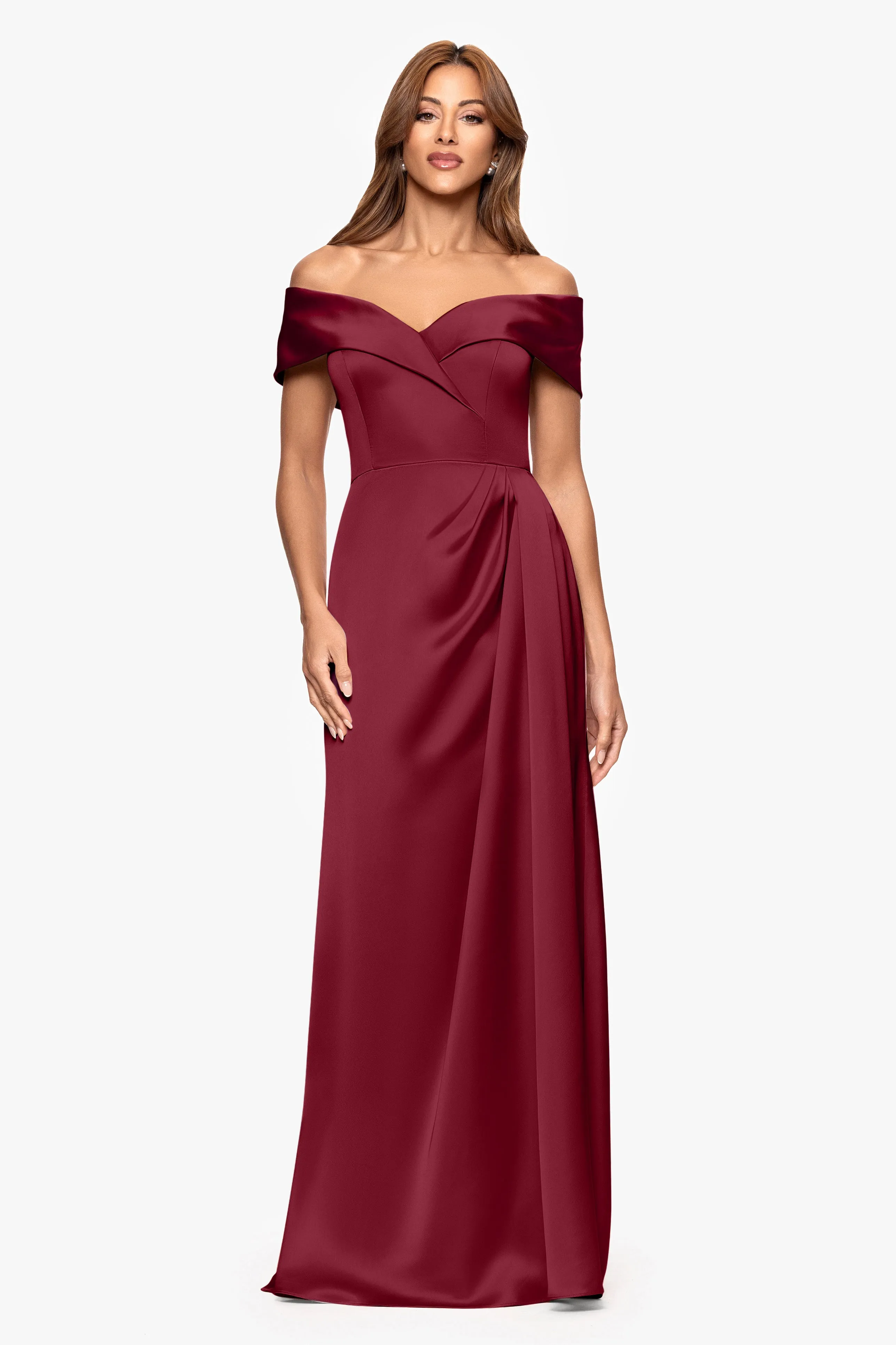 Petite "Daliah" Satin Off the Shoulder Floor Length Dress sold by Xscape