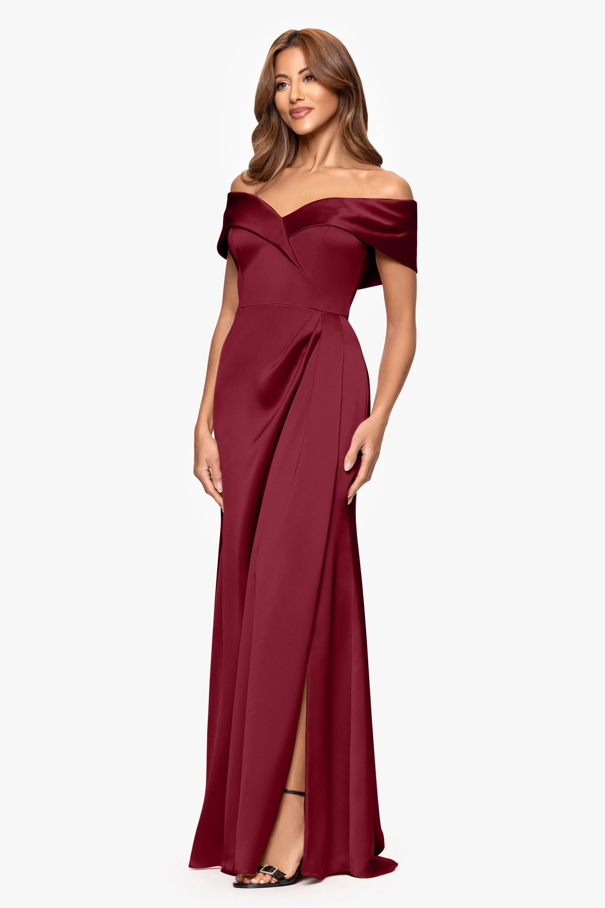 Petite "Daliah" Satin Off the Shoulder Floor Length Dress sold by Xscape product image thumbnail 4