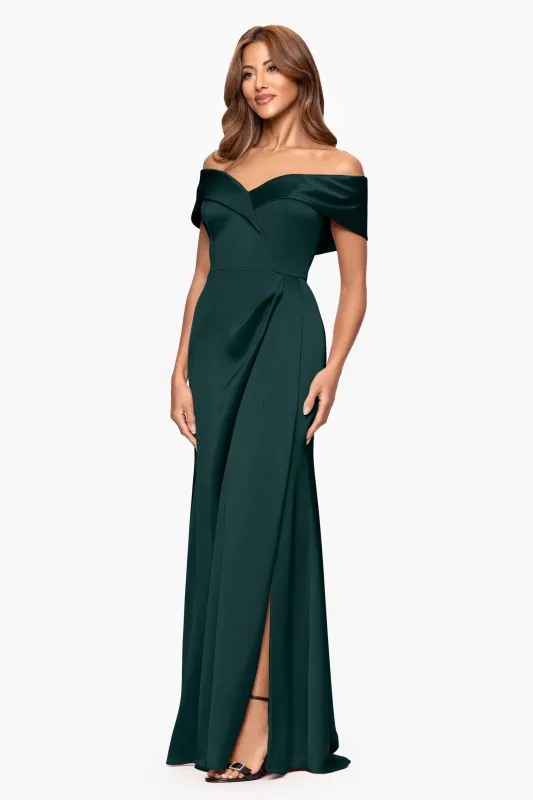 Petite "Daliah" Satin Off the Shoulder Floor Length Dress sold by Xscape