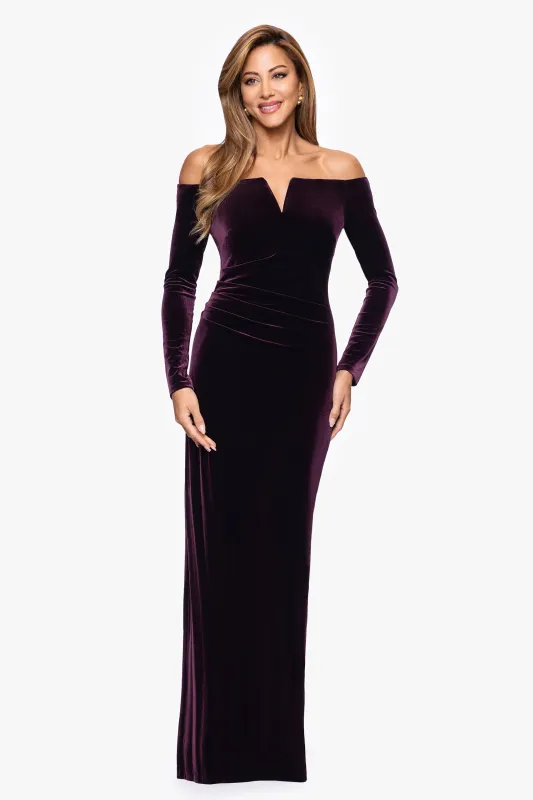 "Christy" Long Off the Shoulder Velvet Dress sold by Xscape
