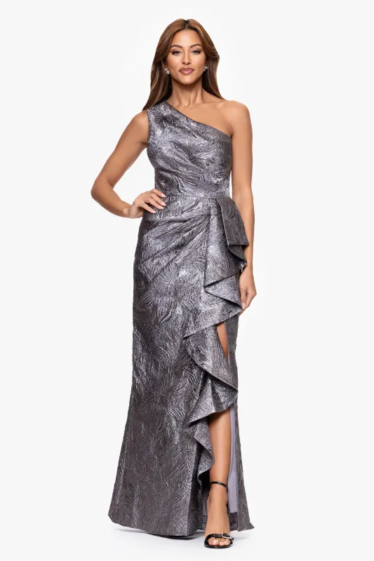 "Angelina" Jacquard One Shoulder Ruffle Floor Length Dress sold by Xscape