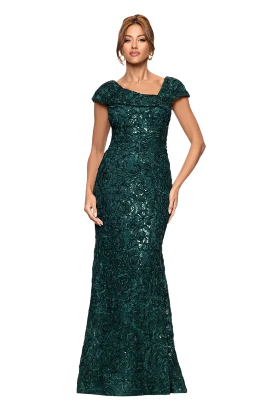 "Viviana" Soutache Cap Sleeve Asymmetric Neckline Floor Length Dress sold by Xscape