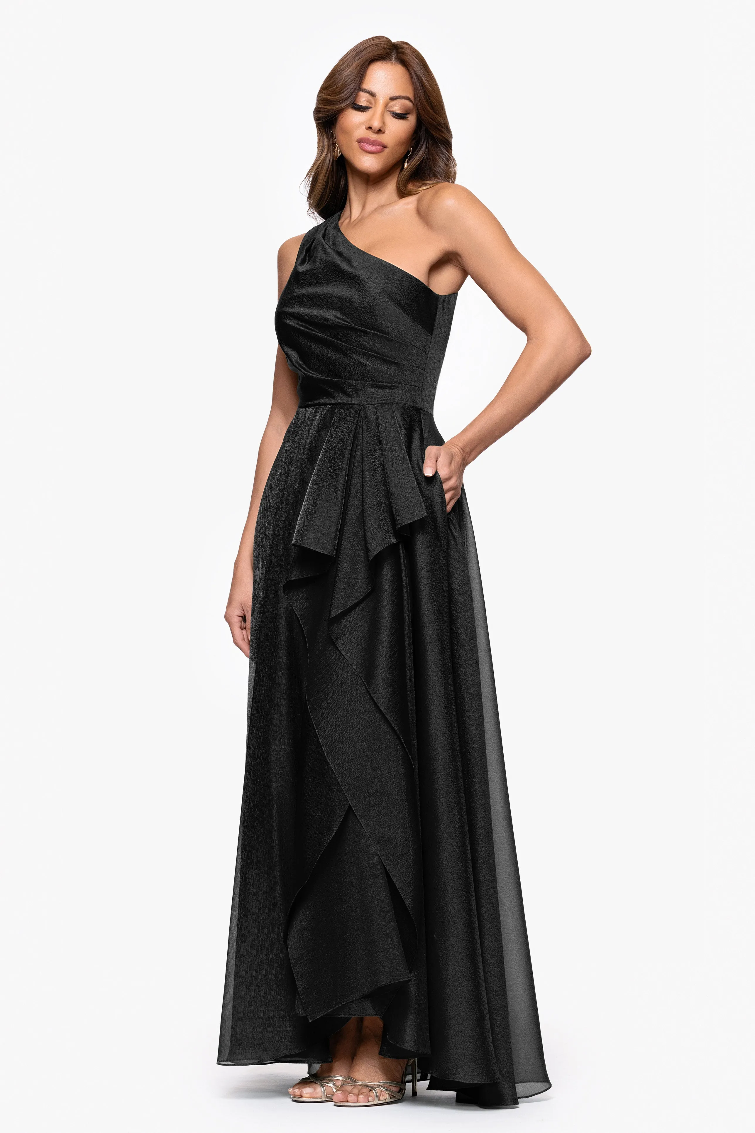 "Samantha" Organza One Shoulder Ruffle Floor Length Dress sold by Xscape product image thumbnail 4