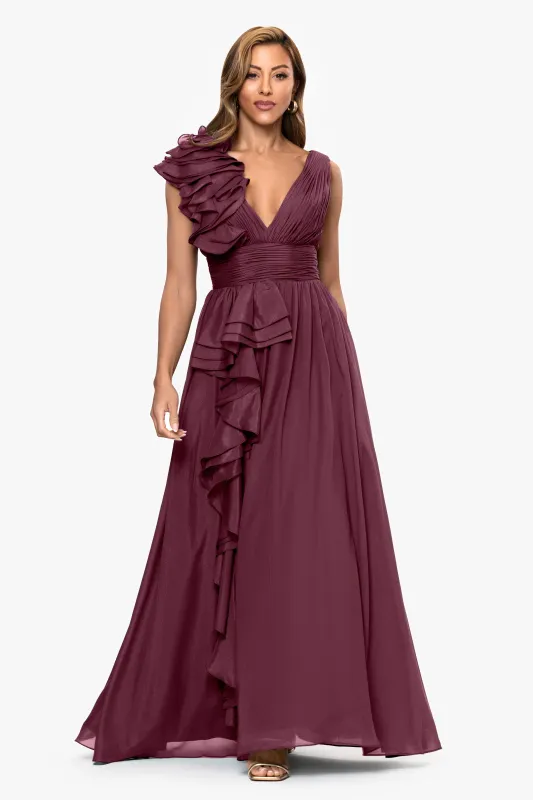 "Payton" Organza Ruffle V-Neck Floor Length Dress sold by Xscape