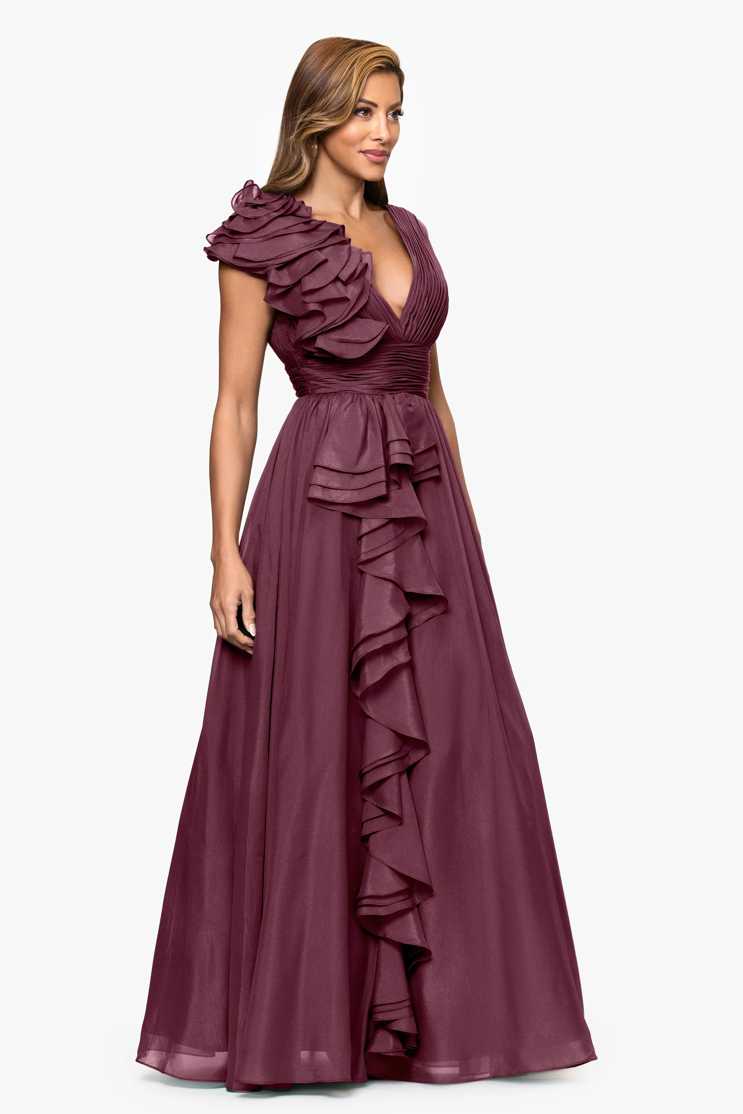 "Payton" Organza Ruffle V-Neck Floor Length Dress sold by Xscape product image thumbnail 4