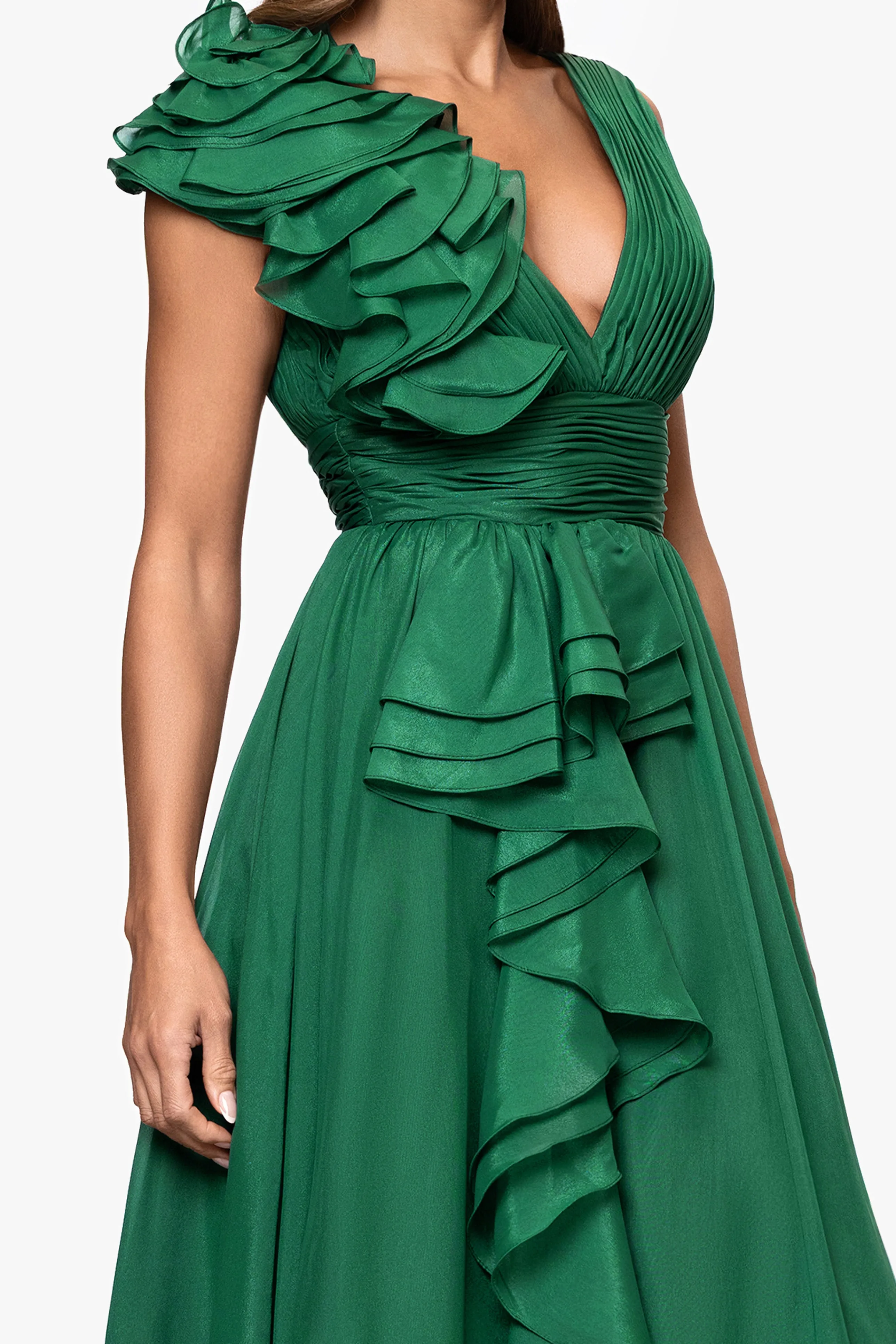 "Payton" Organza Ruffle V-Neck Floor Length Dress sold by Xscape product image thumbnail 2