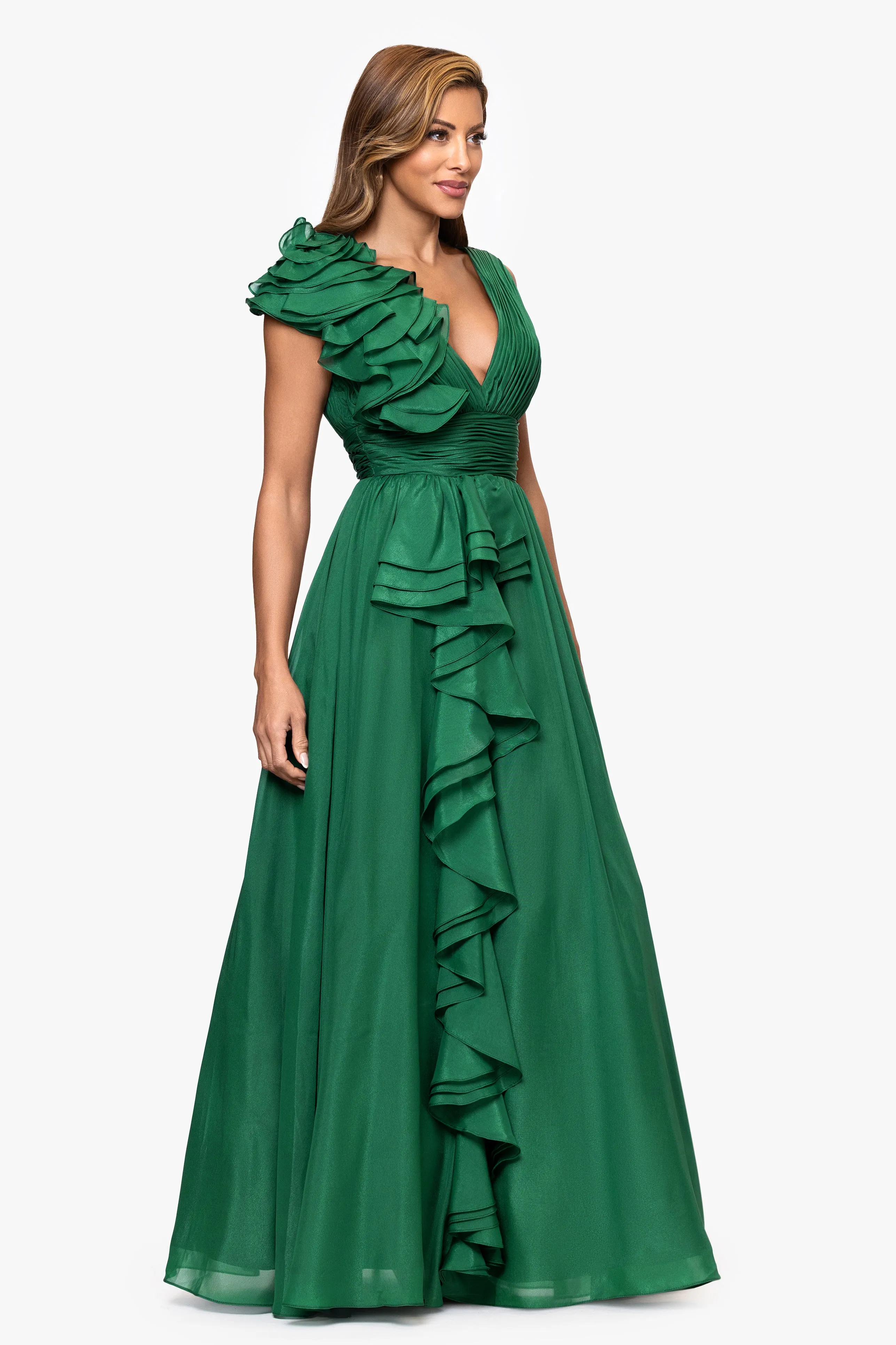 "Payton" Organza Ruffle V-Neck Floor Length Dress sold by Xscape product image thumbnail 4