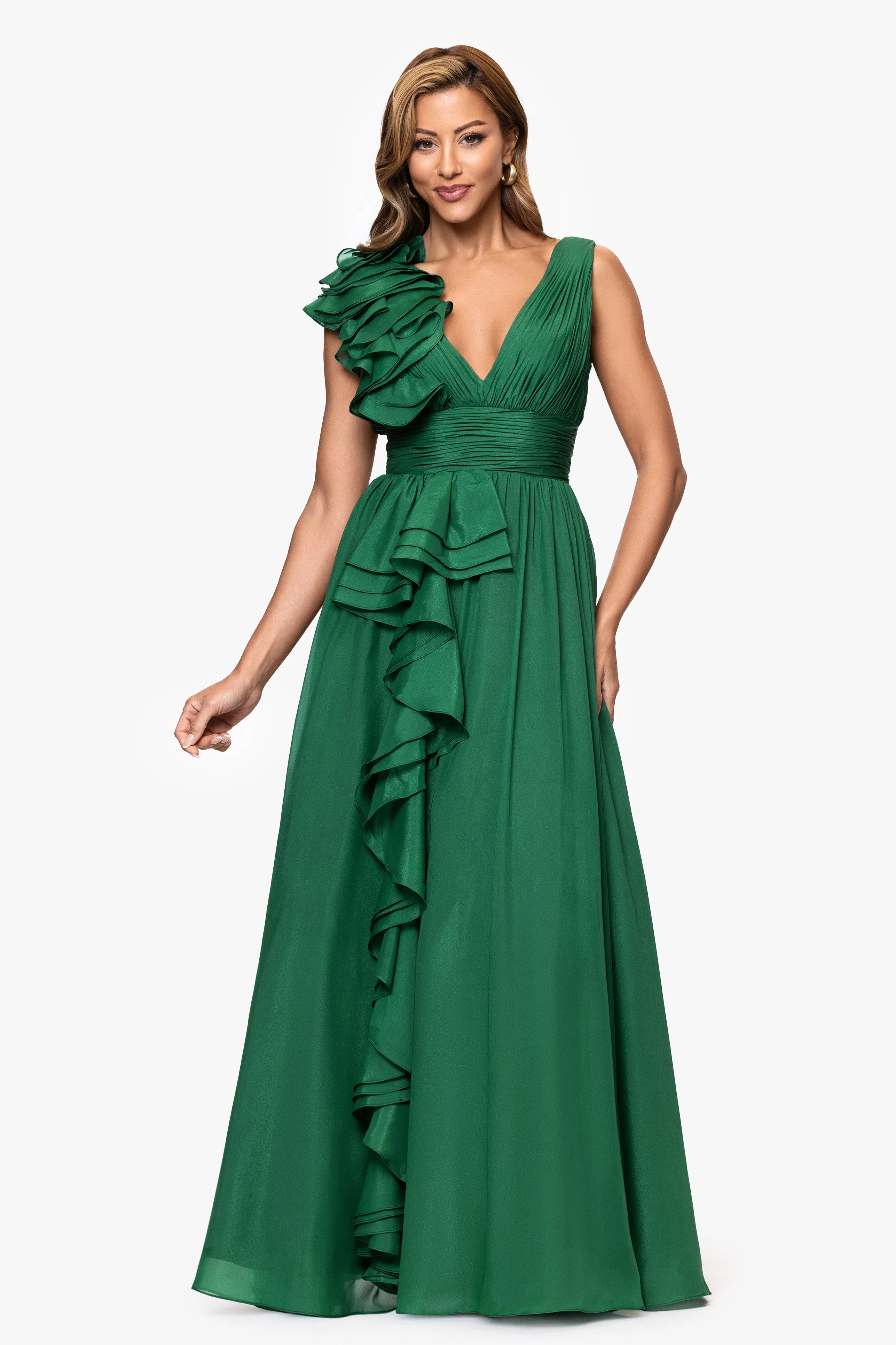 "Payton" Organza Ruffle V-Neck Floor Length Dress sold by Xscape