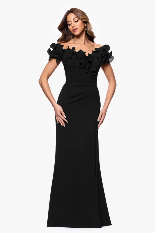 "Anya" Scuba Crepe Off the Shoulder Chiffon Ruffle Neckline Floor Length Dress sold by Xscape