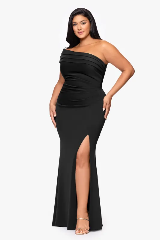 Plus "Whitney" Techno Scuba One Shoulder Off the Shoulder Floor Length Dress sold by Xscape