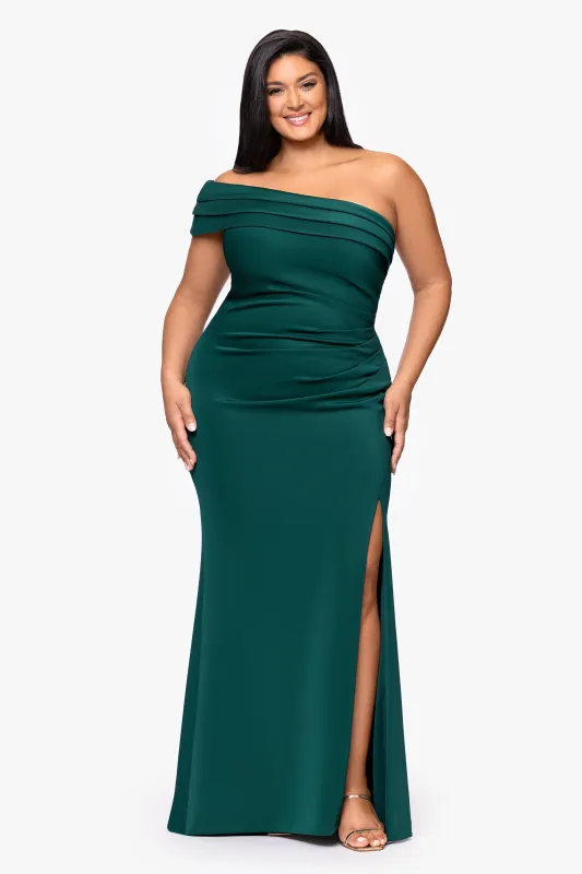 Plus "Whitney" Techno Scuba One Shoulder Off the Shoulder Floor Length Dress sold by Xscape