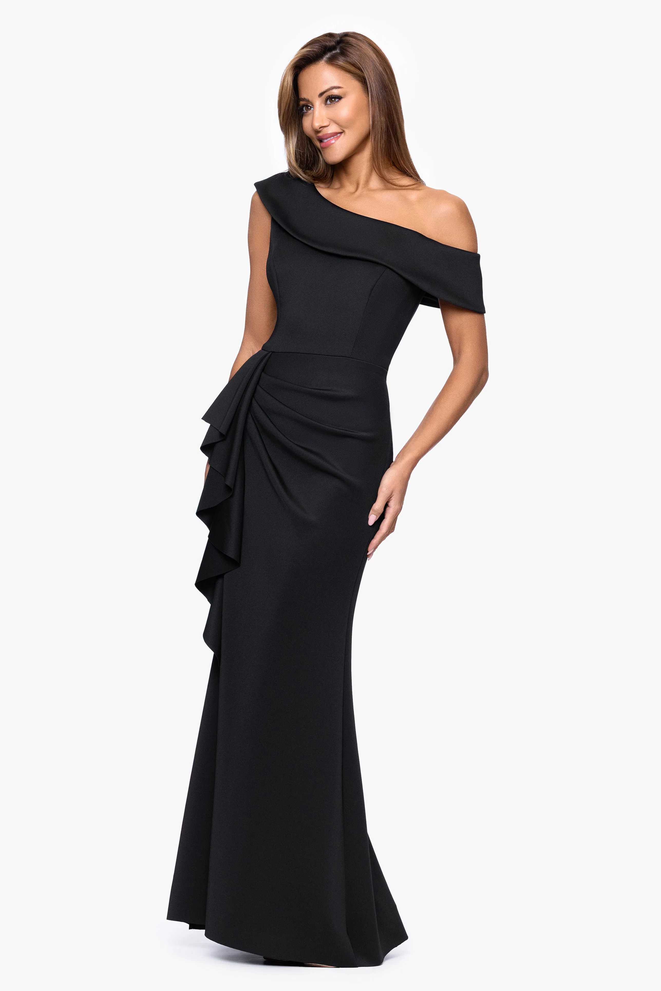 "Valerie" Techno Scuba Off the Shoulder Ruffle Floor Length Dress sold by Xscape product image thumbnail 4