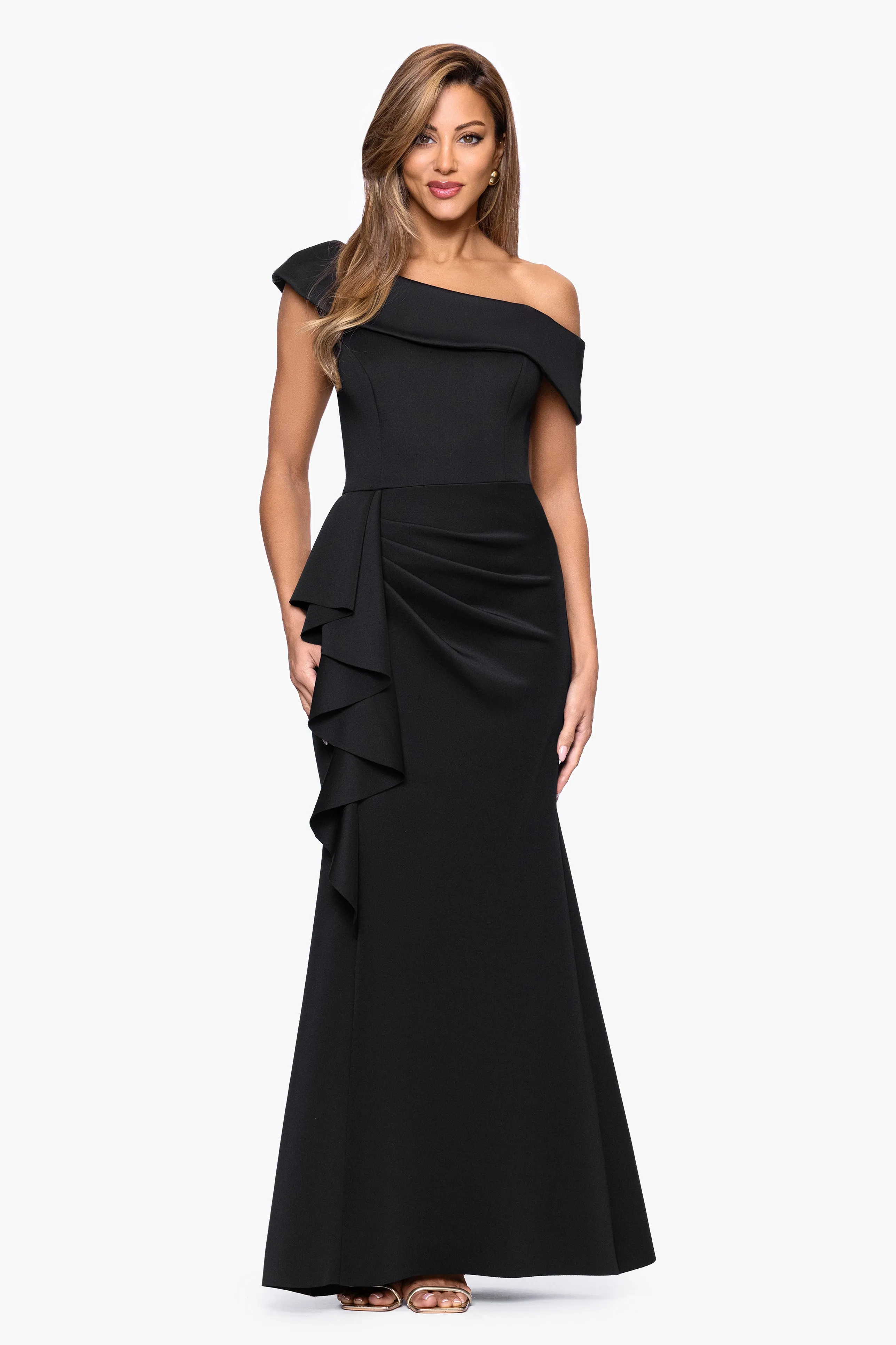 "Valerie" Techno Scuba Off the Shoulder Ruffle Floor Length Dress sold by Xscape