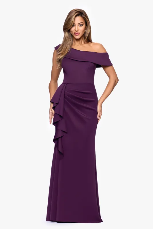 "Valerie" Techno Scuba Off the Shoulder Ruffle Floor Length Dress sold by Xscape