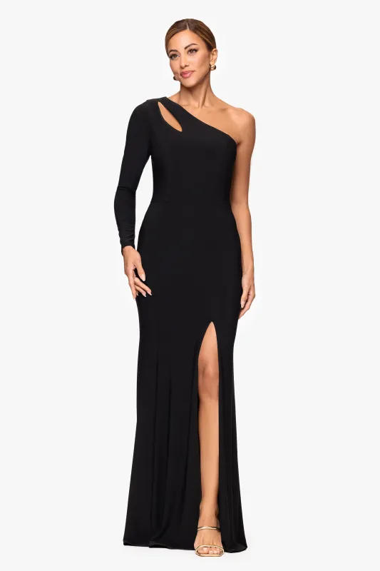 "Erica" Jersey Knit One Shoulder Long Sleeve Cutout Floor Length Dress sold by Xscape