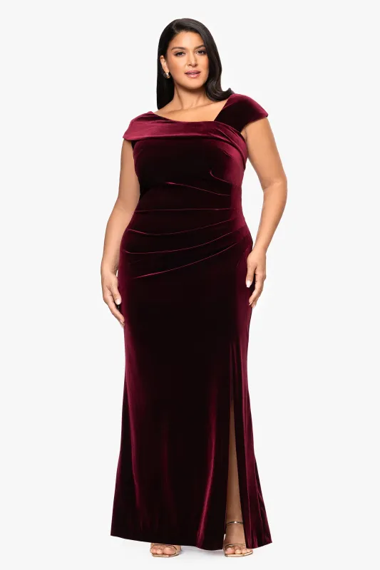 Plus "Katrina" Velvet Asymmetrical Neckline Cap Sleeve Floor Length Dress sold by Xscape