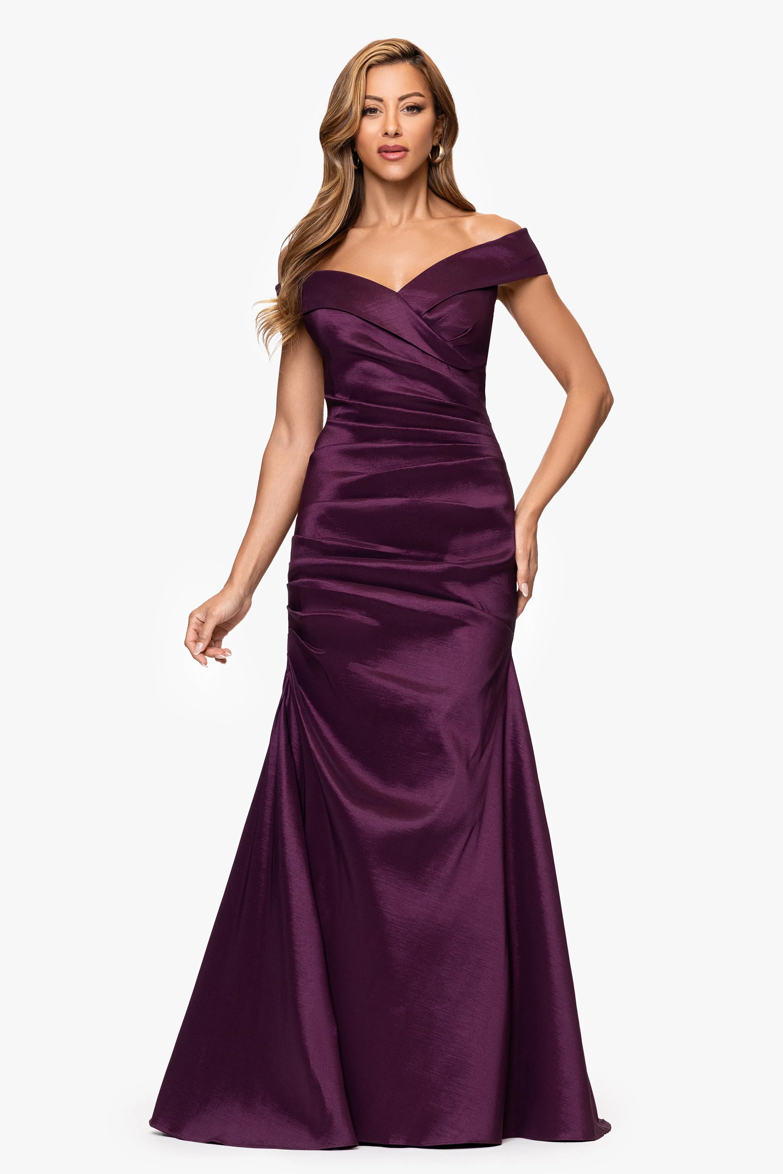"Romy" Taffeta Off the Shoulder Rouched Floor Length Dress sold by Xscape