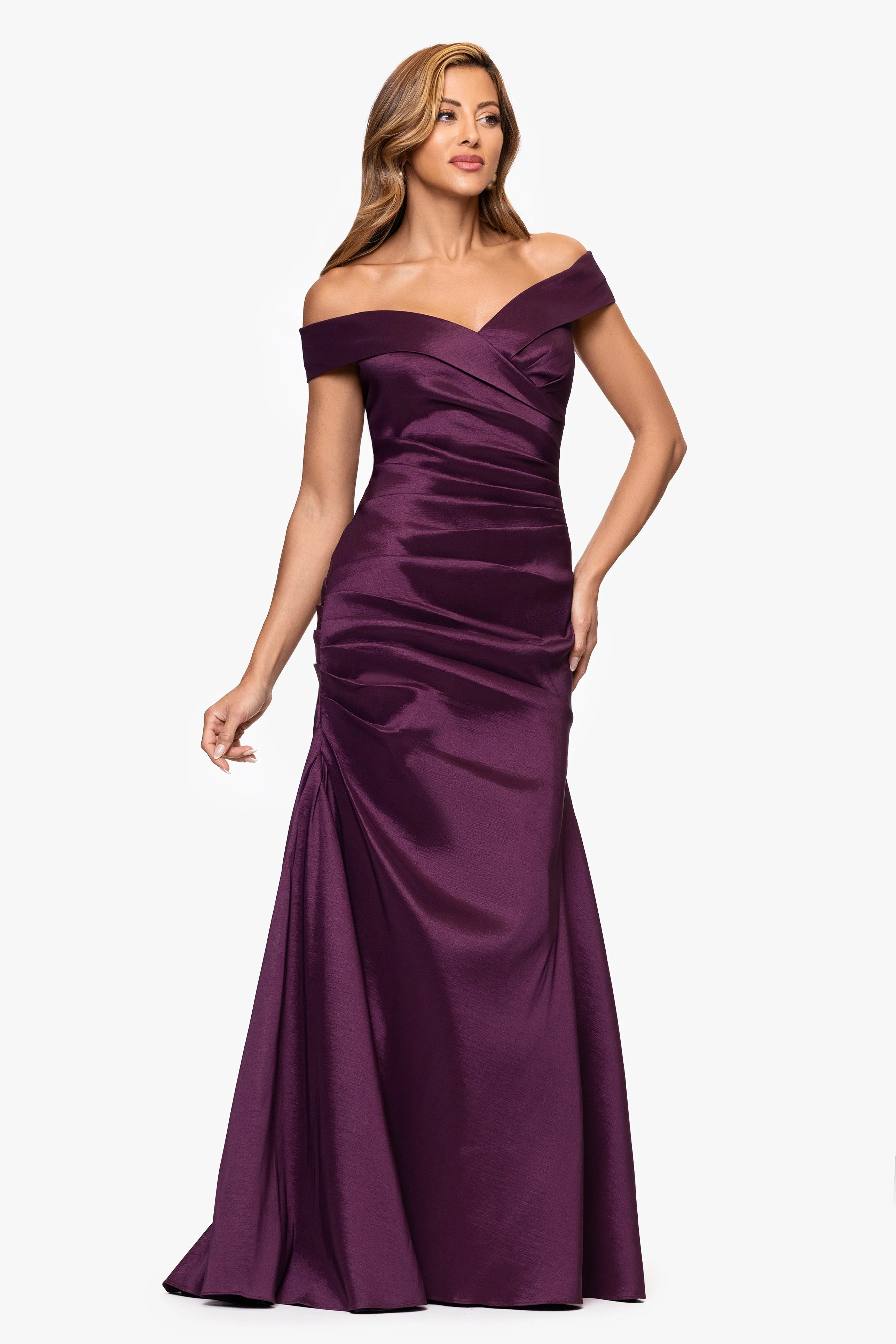 "Romy" Taffeta Off the Shoulder Rouched Floor Length Dress sold by Xscape product image thumbnail 4