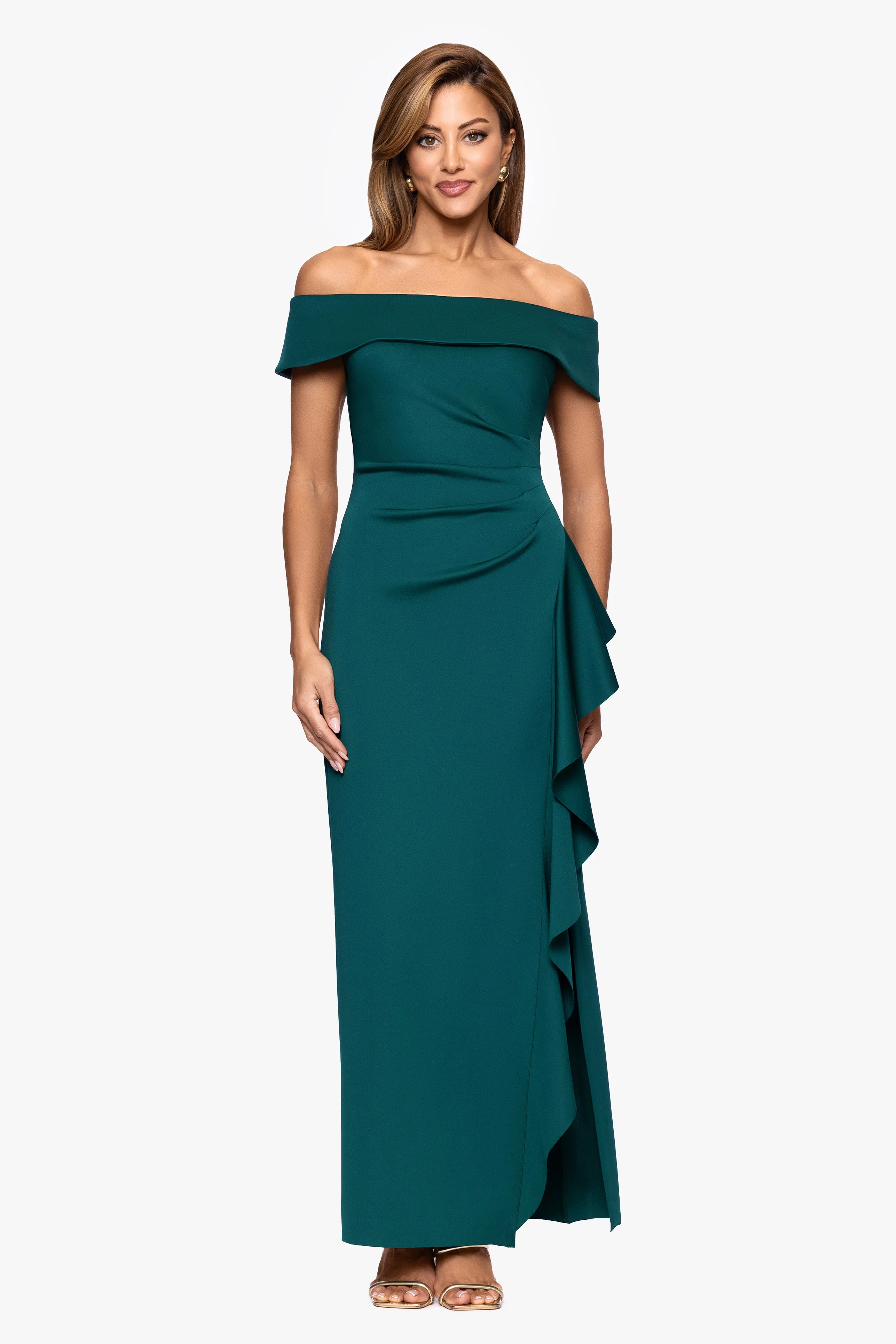 "Vivian" Techno Scuba Off the Shoulder Side Ruffle Floor Length Dress sold by Xscape