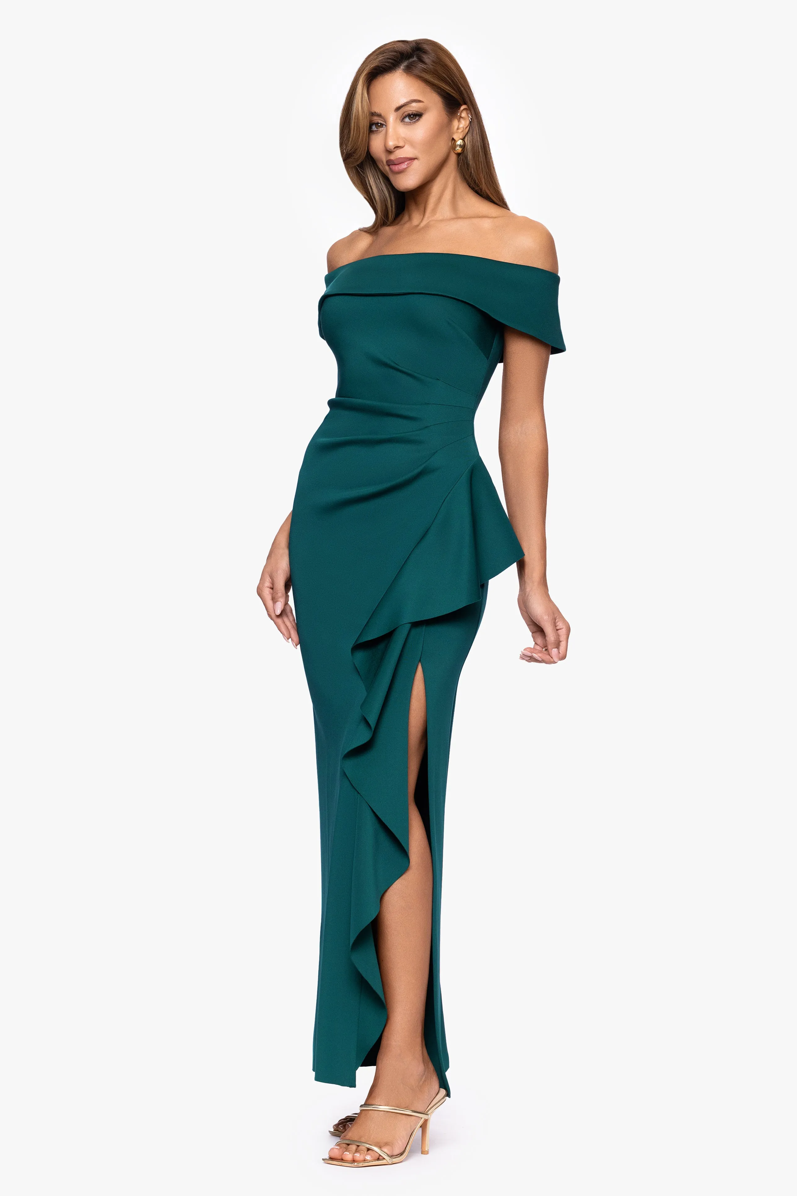"Vivian" Techno Scuba Off the Shoulder Side Ruffle Floor Length Dress sold by Xscape product image thumbnail 4