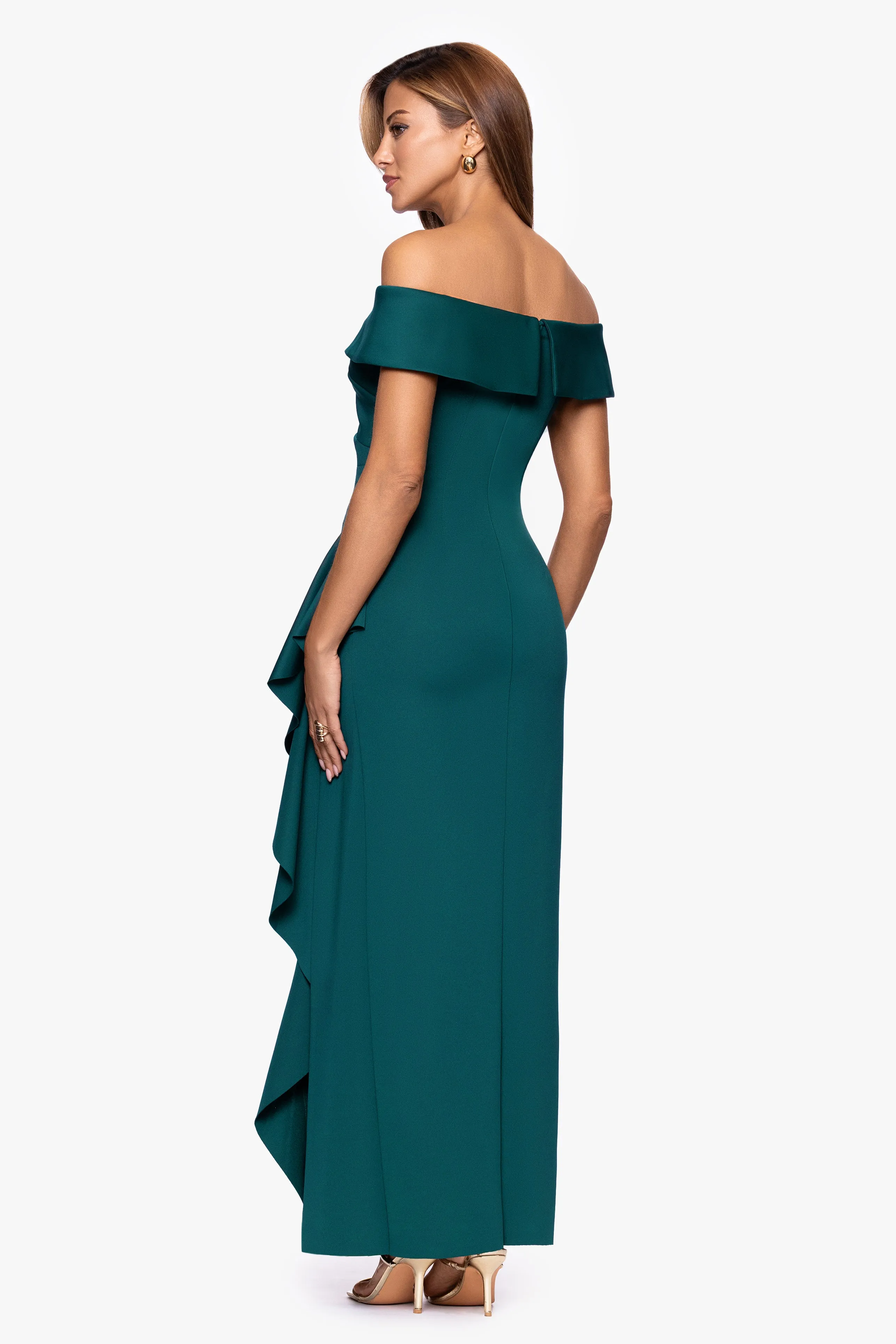 "Vivian" Techno Scuba Off the Shoulder Side Ruffle Floor Length Dress sold by Xscape product image thumbnail 3
