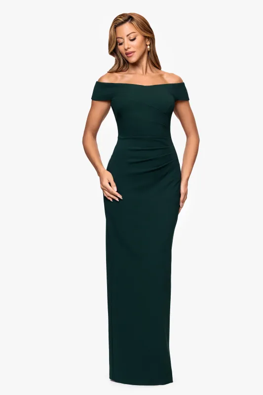 "Ophelia" Scuba Crepe Off the Shoulder Floor Length Dress sold by Xscape
