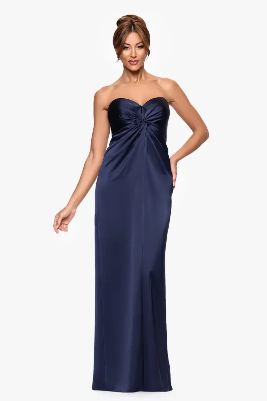 "Judy" Satin Rouched Strapless Floor Length Dress made by Xscape
