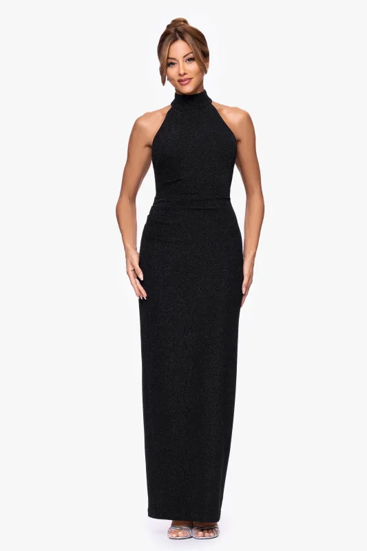 "Joanna" Novelty Knit Mock Halter Neck Floor Length Dress sold by Xscape