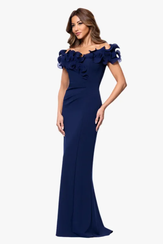 "Anya" Scuba Crepe Off the Shoulder Chiffon Ruffle Neckline Floor Length Dress sold by Xscape