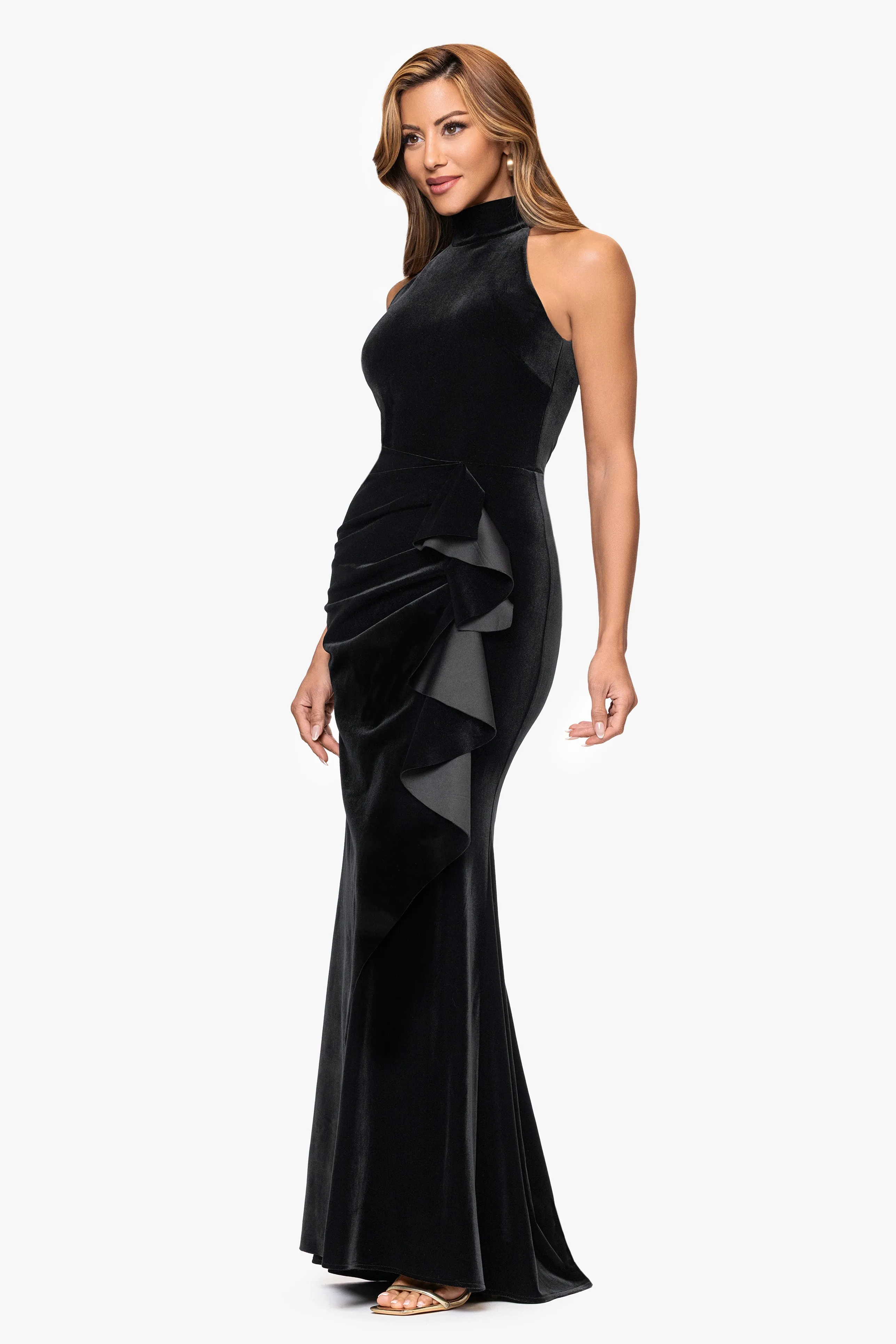 "Roweena" Velvet Mock Halter Neck Floor Length Dress sold by Xscape product image thumbnail 4