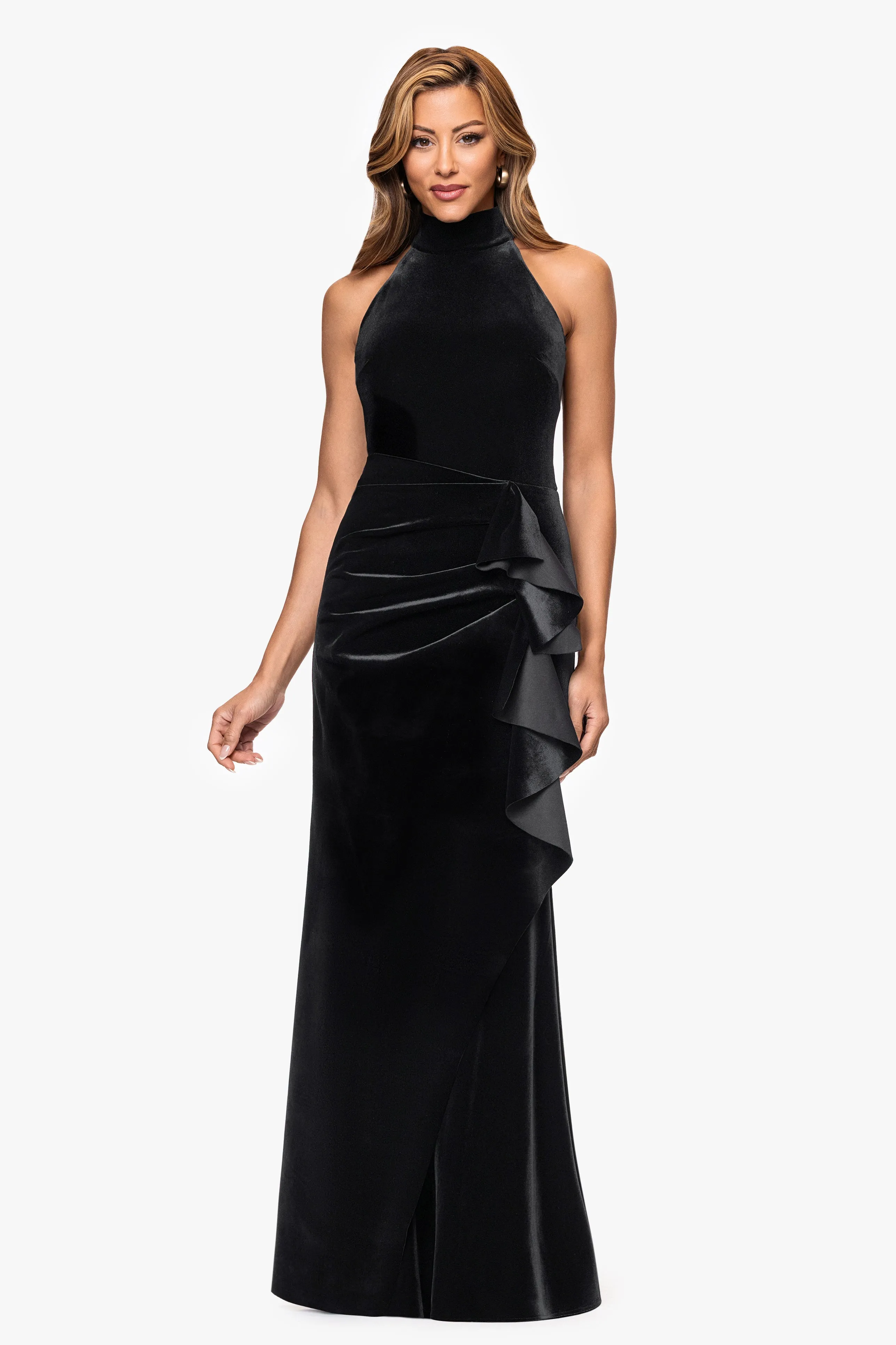 "Roweena" Velvet Mock Halter Neck Floor Length Dress sold by Xscape